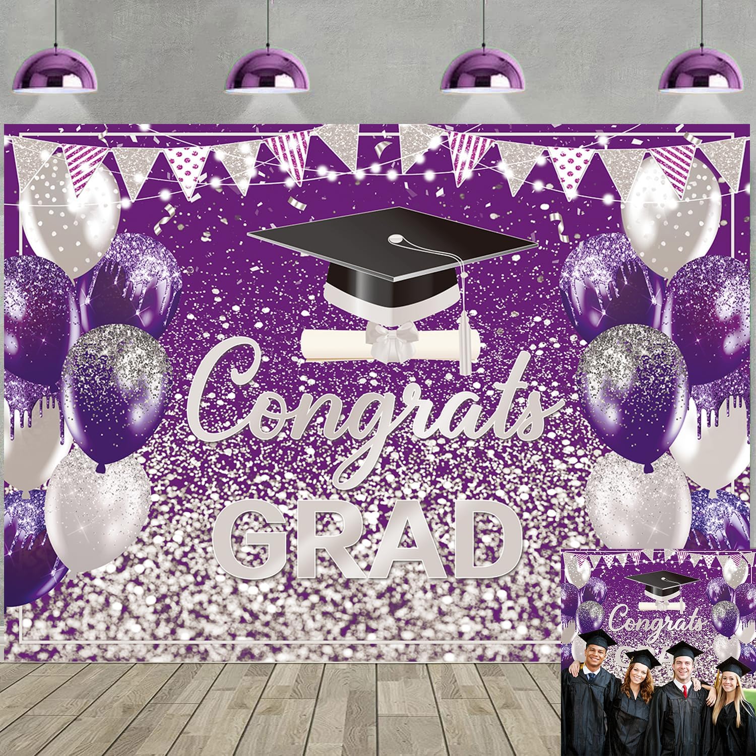 2026 Graduation Backdrop Purple Silver Congrats Grad Bachelor Cap Balloon Prom Send Off Photography Background School Celebration Class of 2026 Party Decor Banner Photo Props (Purple Silver, 8x6FT)