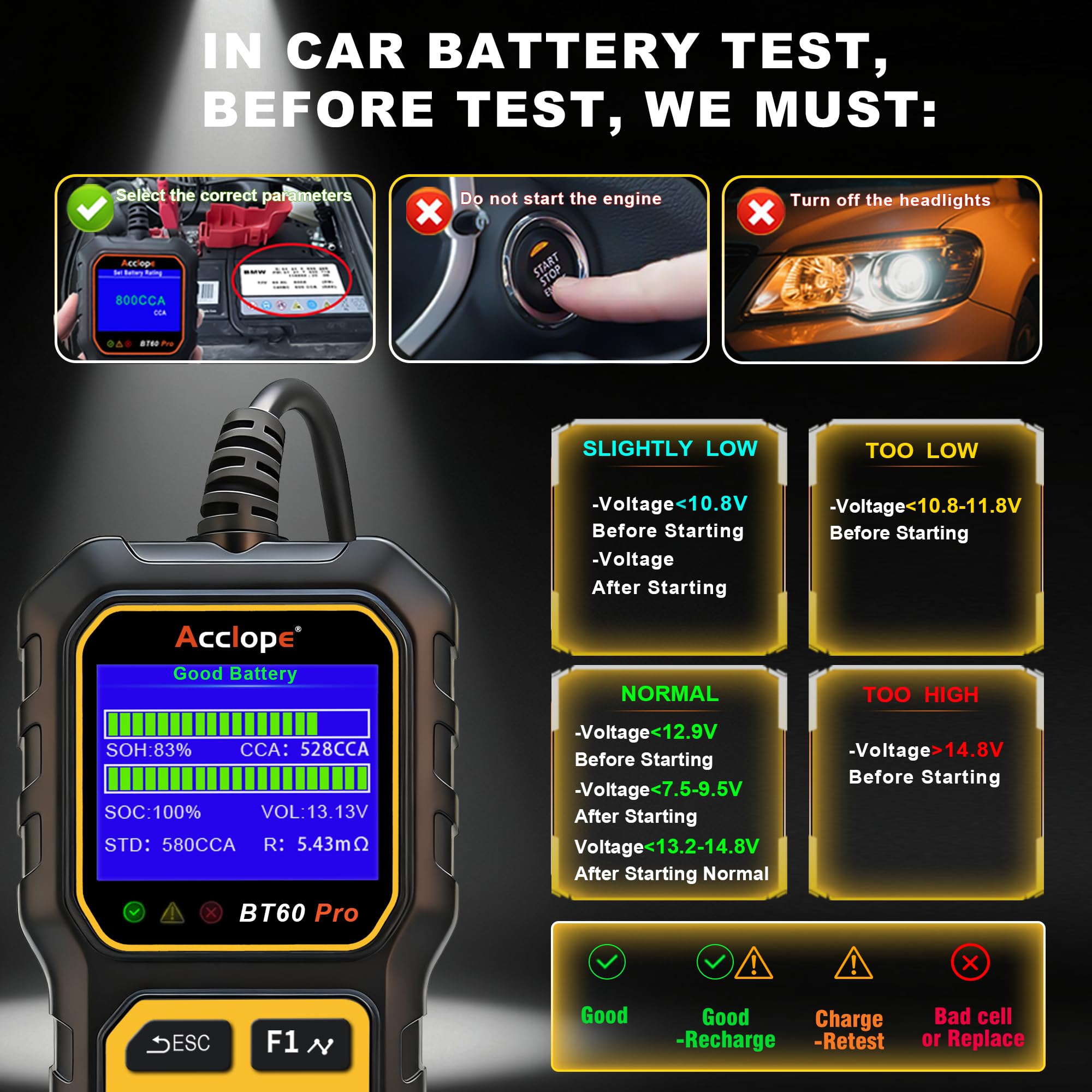 BT60 Pro, Comprobador Digital de Baterías, Analizador de Sistema de Carga y Arranque, 6V/12V/24V, Compatible con AGM, Litio, Gel, 100-3000 CCA, para Vehículos, Camiones, Motocicletas