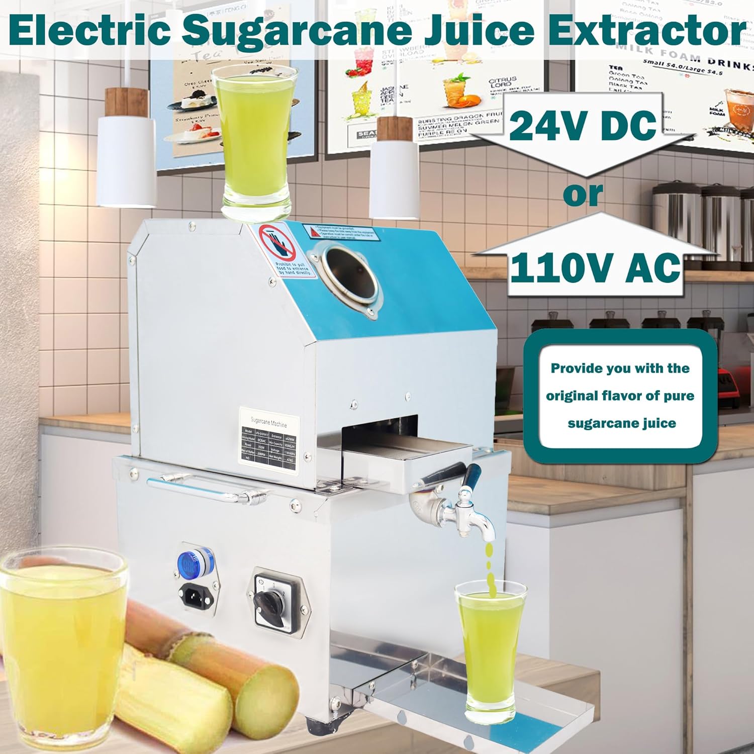 Sugar Cane Juicer Electric Sugarcane Press Vertical Sugar Cane Ginger Juicer 3 Stainless Steel Rollers Sugarcane Juice Press Extractor with Transformer 24V DC or 110V AC