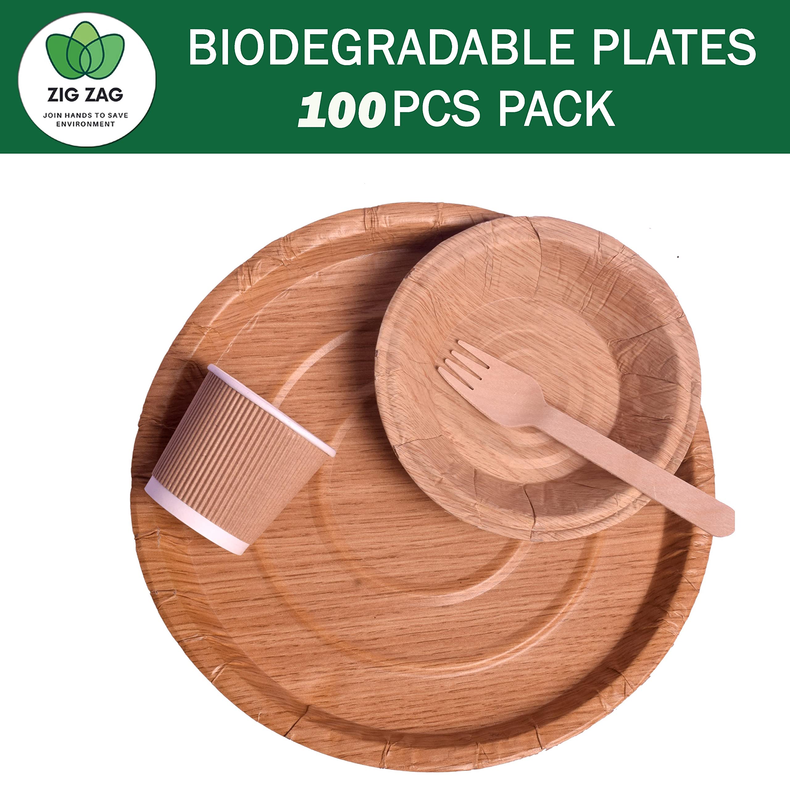 zig zag 100% kompostowalne, przyjazne dla środowiska, 30 cm, jednorazowe talerze, wytrzymałe, biodegradowalne talerze papierowe, okrągłe opakowanie (100)