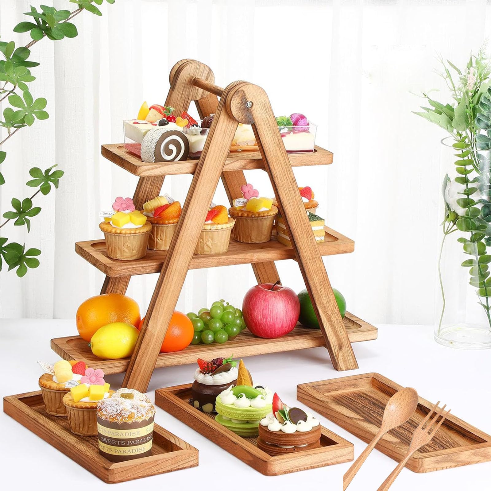 Estantes de Postres de Madera de 3 Capas, Bandejas de Pastelería, Adecuados para Fiestas, Picnics, Estantes Portátiles de Exhibición de Alimentos Plegables (#)