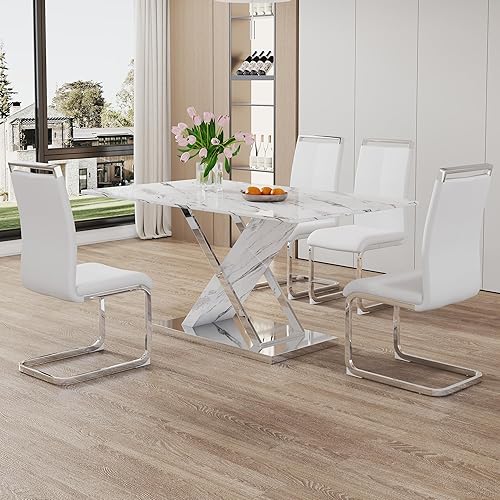 Juego de mesa de comedor de mármol para mesa rectangular blanca de 4.63 pulgadas con marco de metal plateado en forma de X y 4 sillas de comedor de