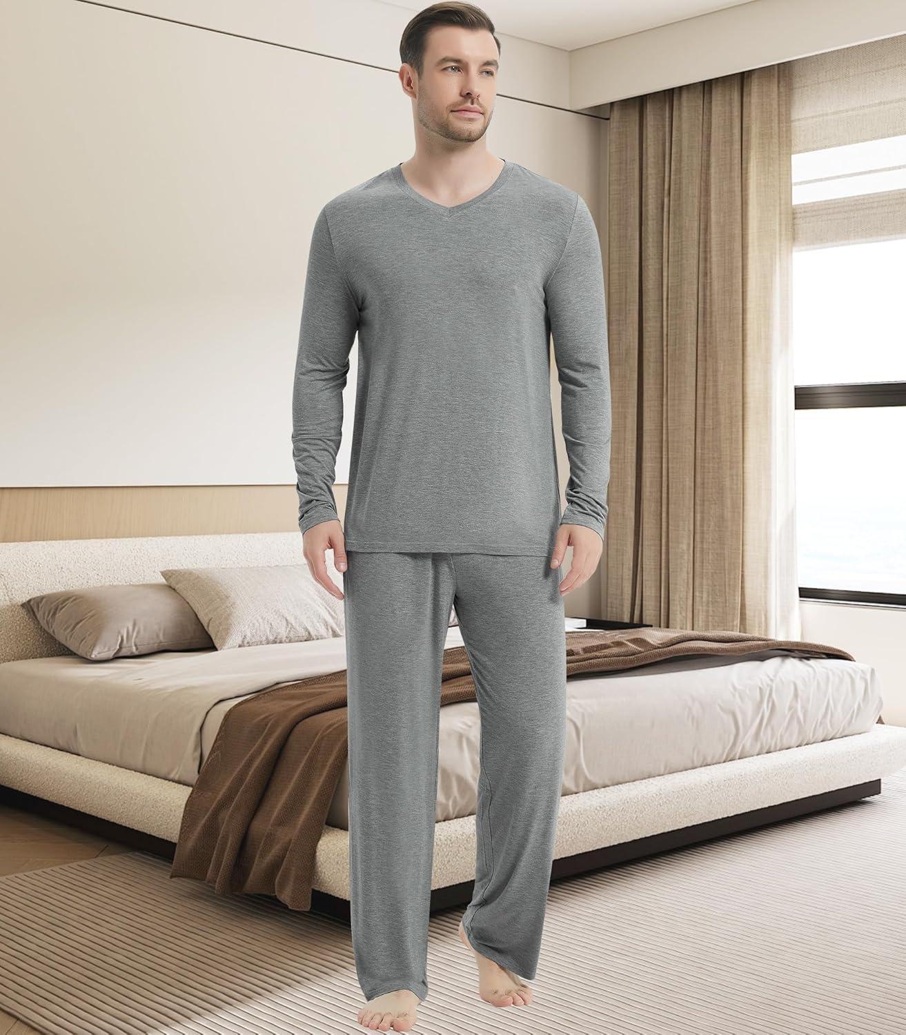NACHILA Pajamas for Men-Viscose Made from Bamboo,Long Sleeve Pj Set Comfy Sleepewear V Neck Pajama with Pants - Image 3