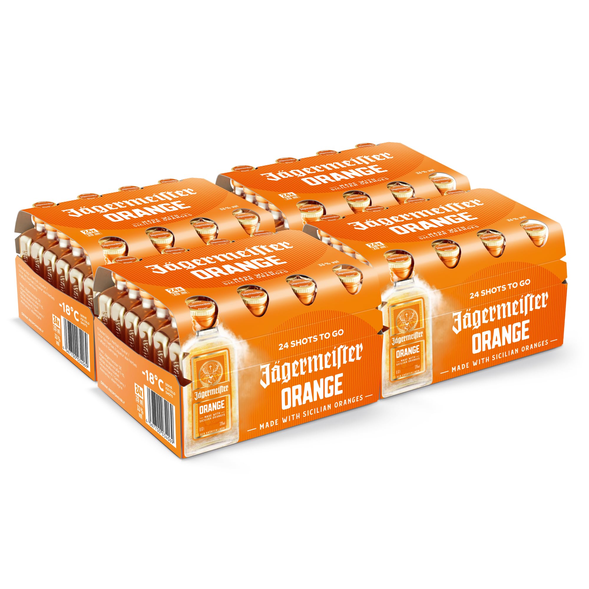 Jägermeister ORANGE – 96 x 0,02l Premium Kräuterlikör Shots 33% Vol. – Fruchtig-frisch mit Citrusöl-Extrakt aus sonnengereiften sizilianischen Orangen – 56 erlesene Kräuter