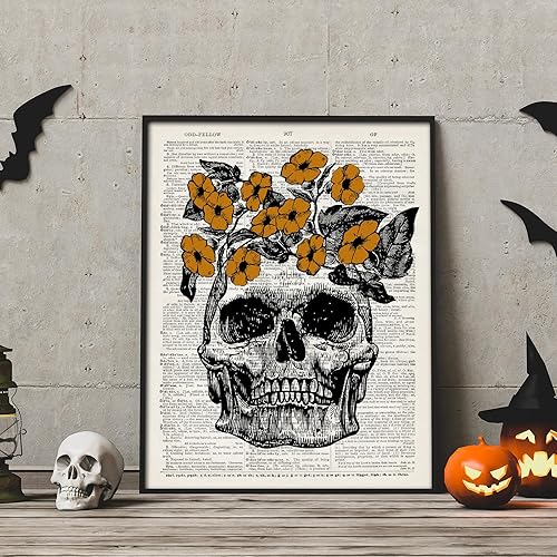 Miniatura 5 de Whaline 6 impresiones artísticas de esqueleto de Halloween de 11 x 14 pulgadas, espeluznante arte gótico para pared, póster de Murciélago Bruja,