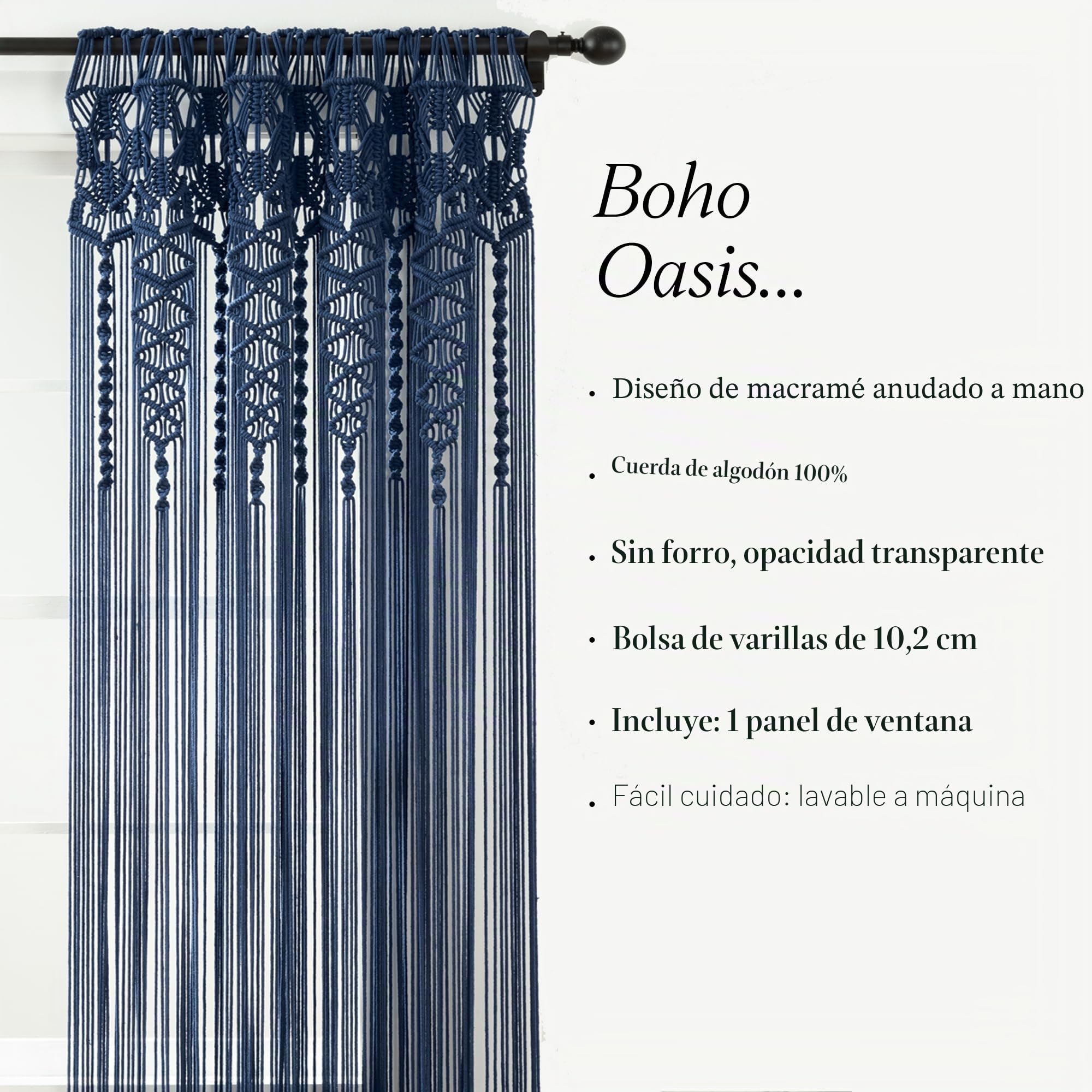 Lush Decor Cortina Bohemia de macramé de algodón Texturizado para Ventana, Separador de Habitaciones, Puerta, decoración de Pared, 84 Pulgadas de Largo x 40 Pulgadas de Ancho, Azul Marino