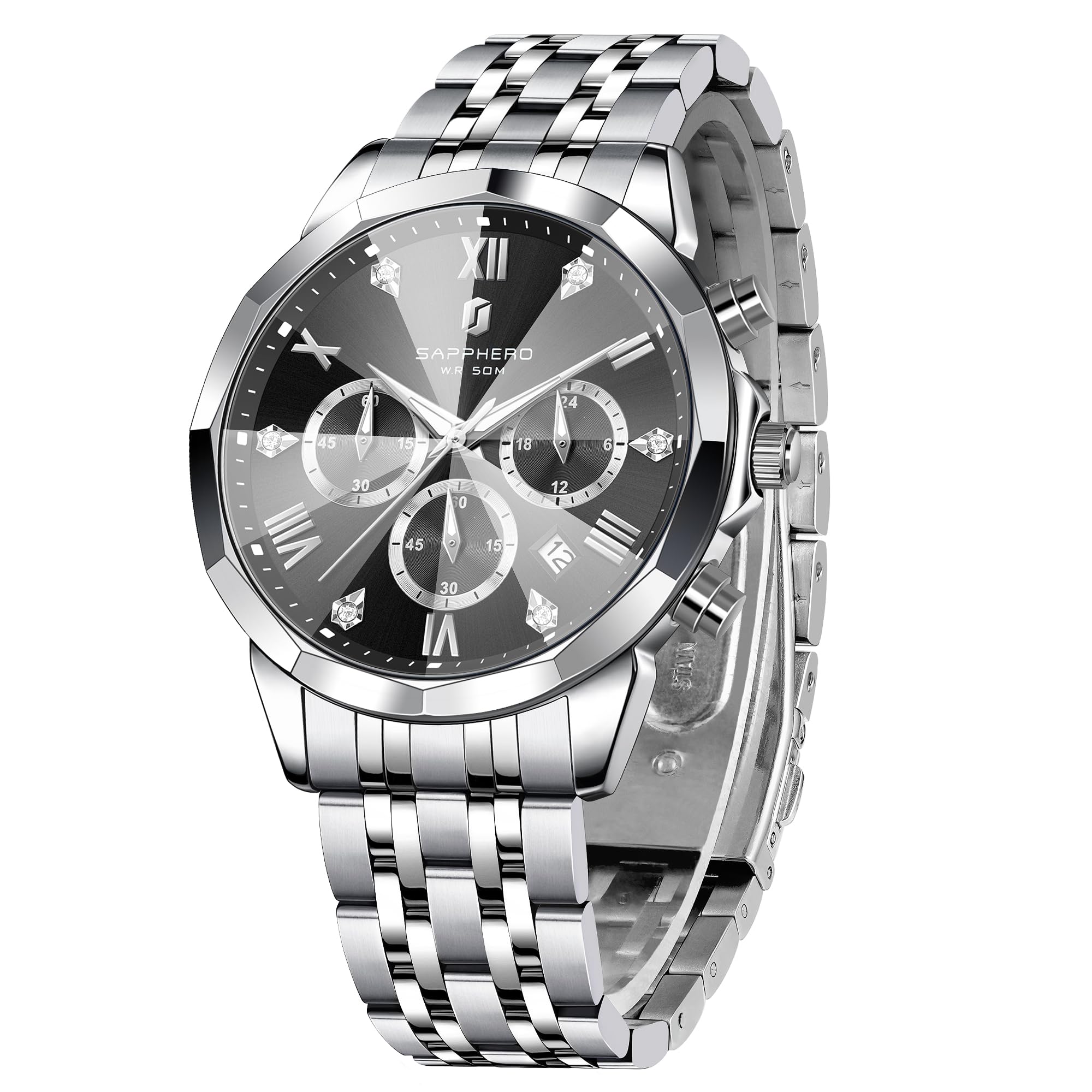 SAPPHERO Uhren Herren Chronograph Analog Quarz 50M Wasserdicht Armbanduhr Herren Mode Lässig Business Herrenuhren mit Kalender Edelstahlarmband Uhr Geschenk für Männer