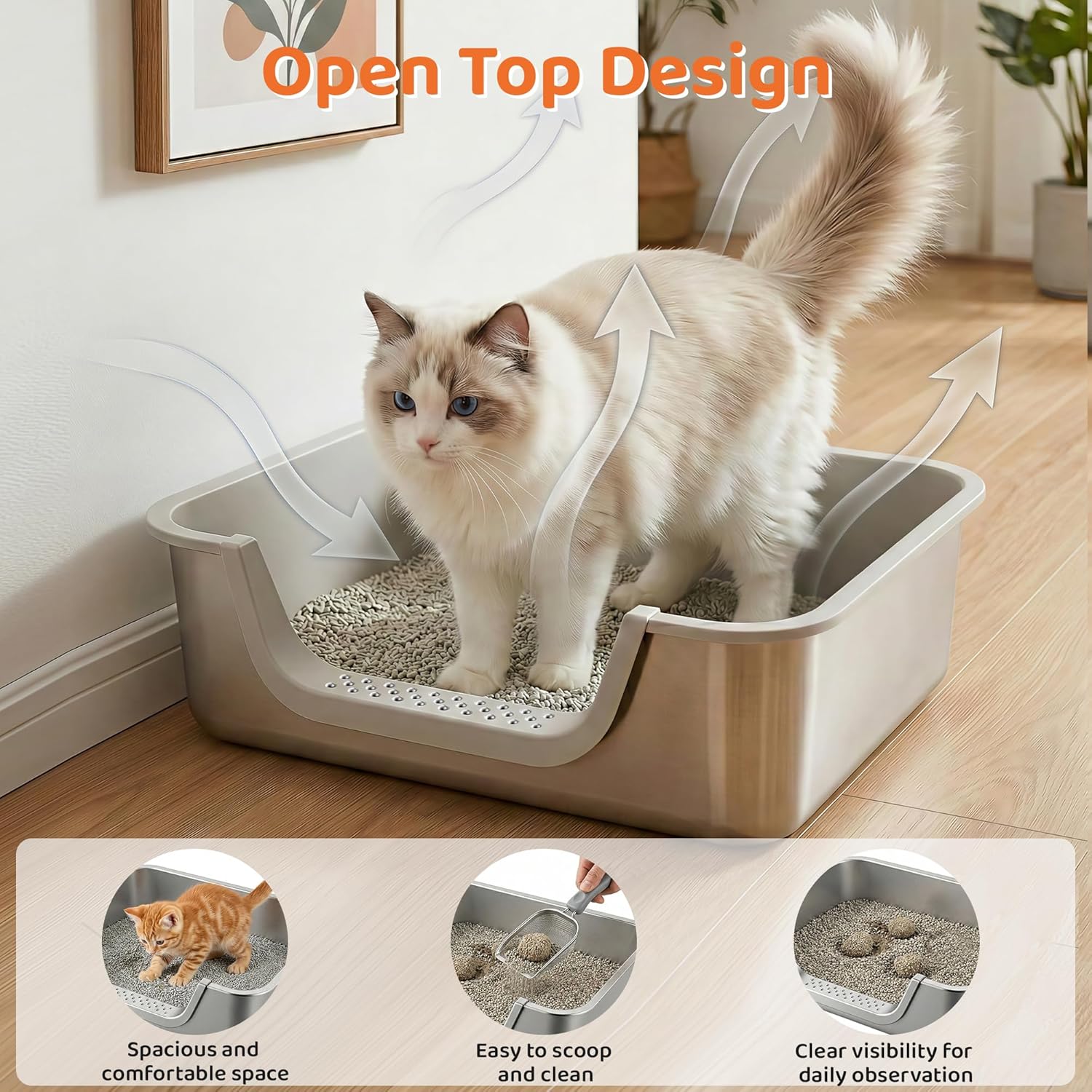 Stainless Steel Litter Box with Low Entry - 17.7" x 13.8" Open Top Kitty Litter Pan, Non-Slip Step for Kittens, Senior Cats and Small Pets, Easy to Clean & Durable