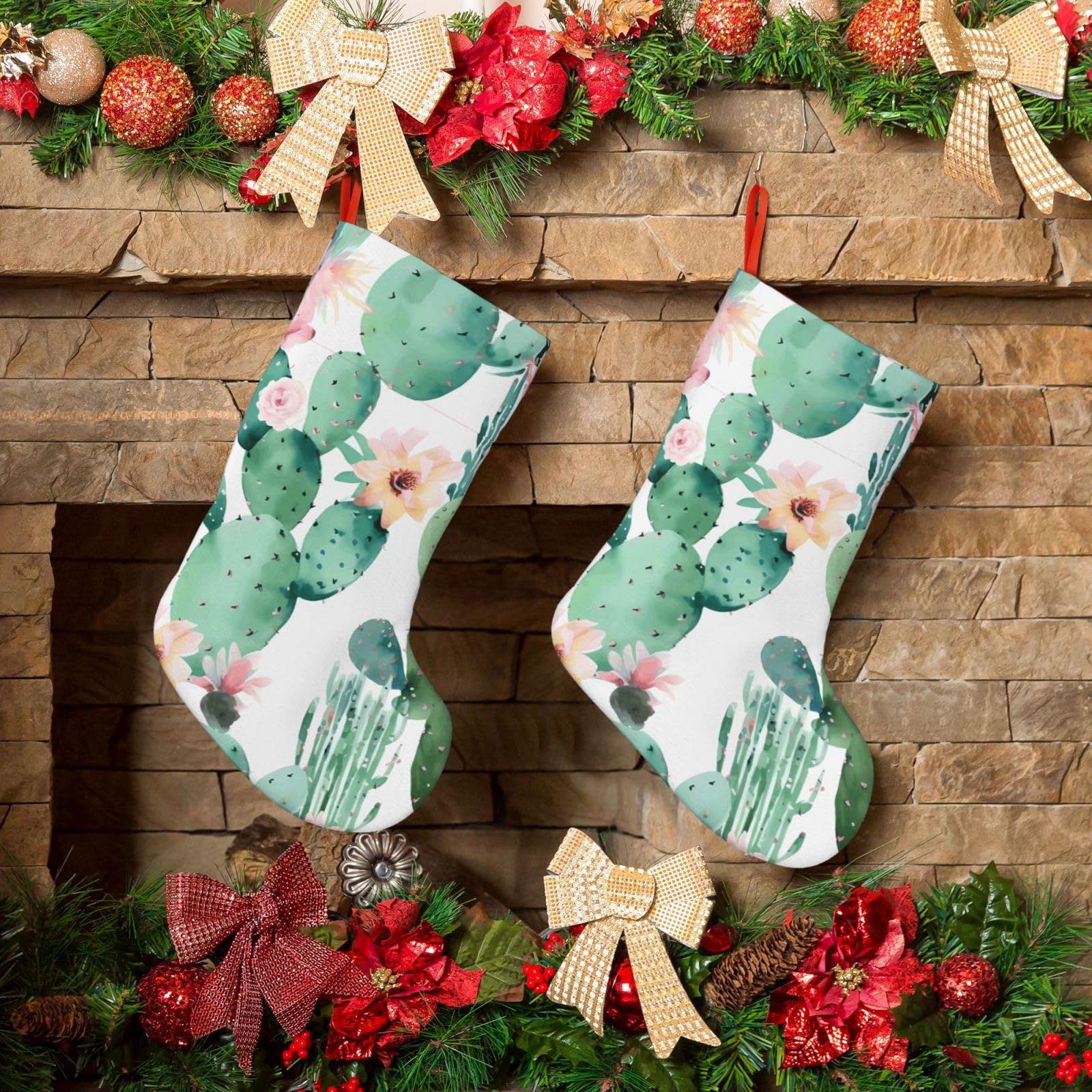 KLOPH Christmas Stockings 18" Personalized Xmas Stocking Cactus Pattern Decoration Stocking Hanging Fireplace Stocking for Holiday Xmas Tree Christmas Fireplace Decor