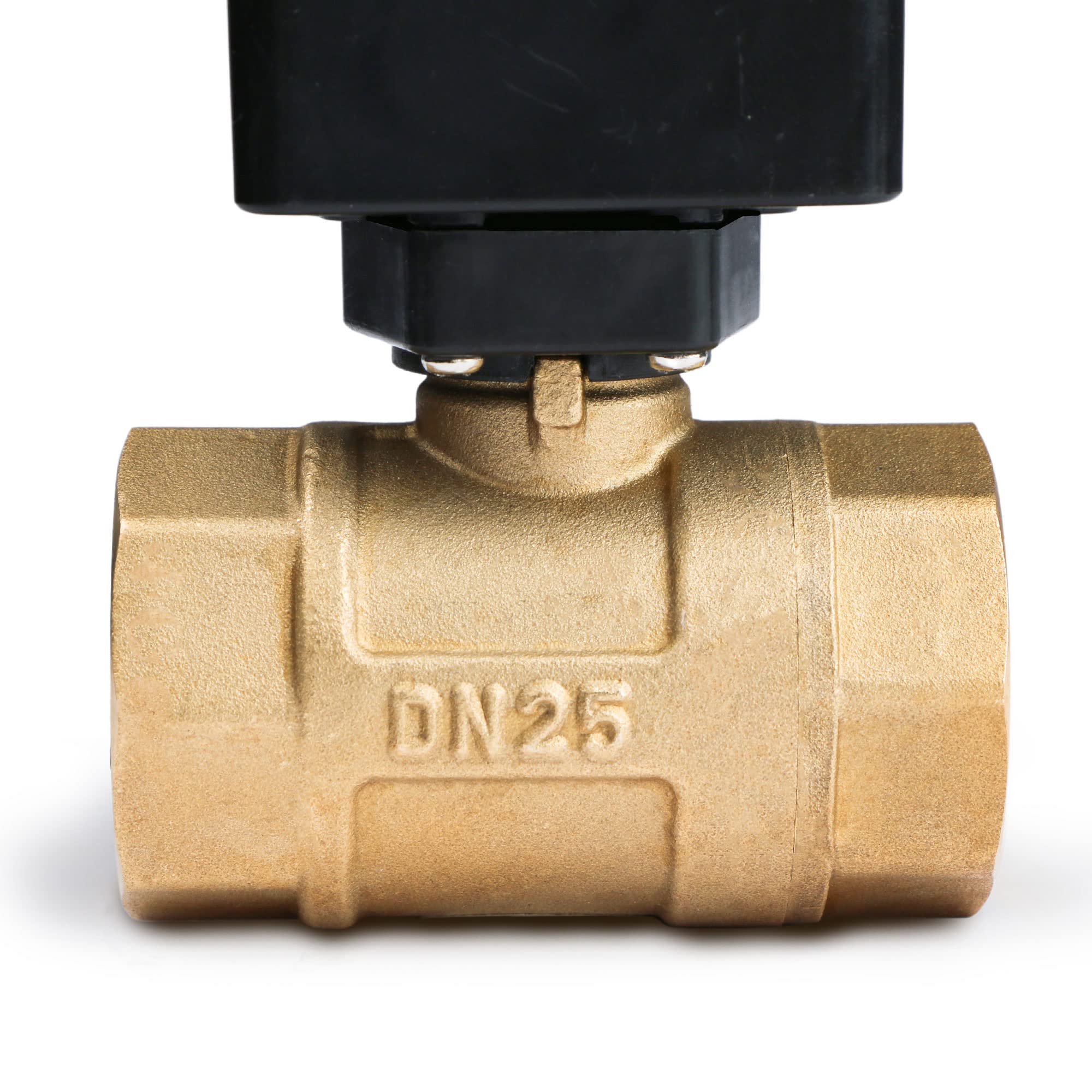 Válvula de bola motorizada - Válvula de bola de latón de 1" con conexión estándar, 9-36 V AC/DC, configuración de retorno automático de 2 hilos, sin energía abierta (N/O) de U.S. Solid