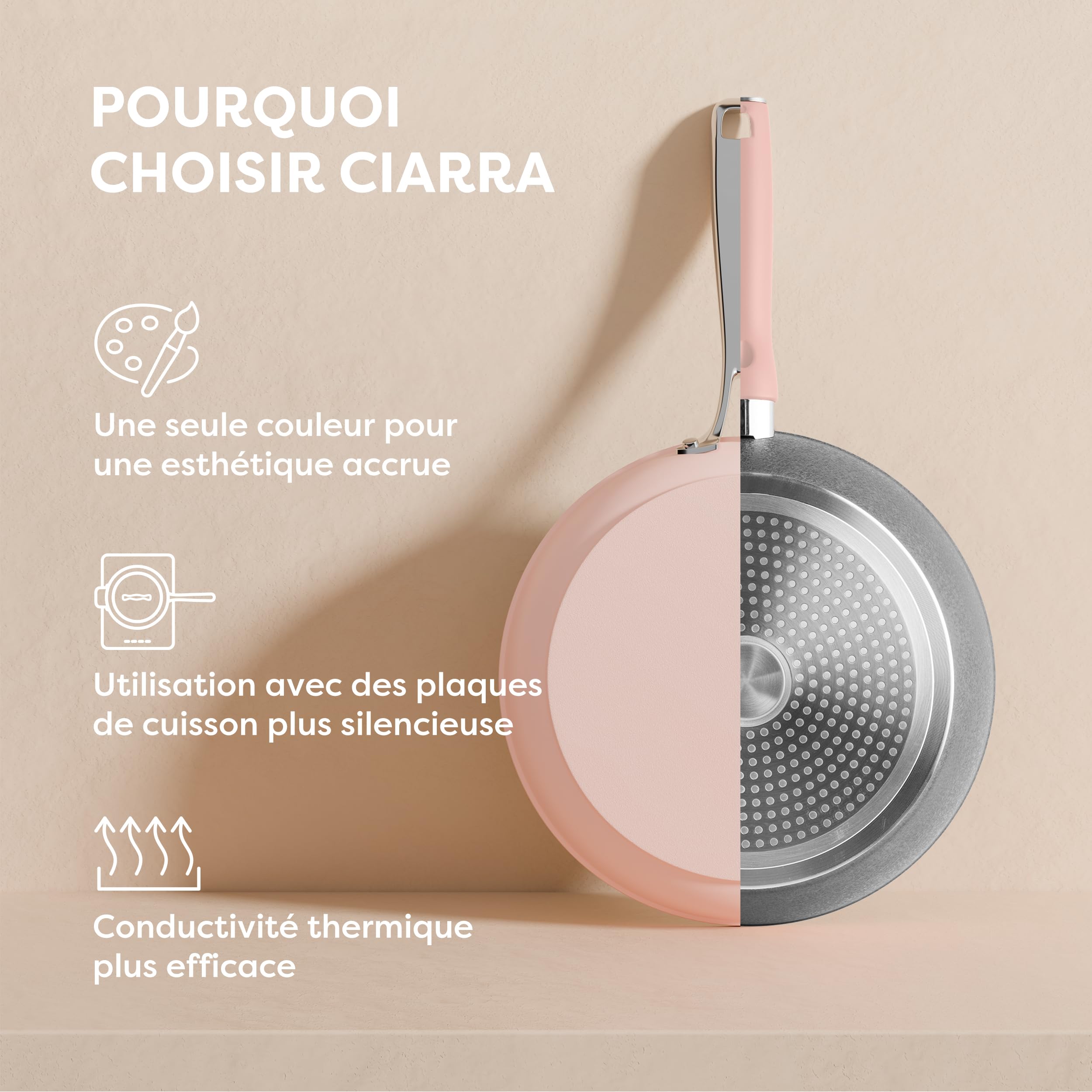Ciarra Beyond - Batterie de Cuisine - Set de 4 Pièces - Poêle à Frire 26cm - Sauteuse 28cm/4.2L- Cocotte 24cm/5.9L - Casserole 20cm/ 2.8L - Revêtement Antiadhésif - Tous Feux dont Induction-Rose