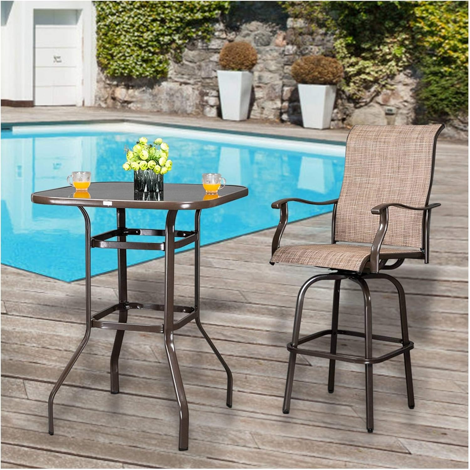Wrought Iron Glass High Bar Table Patio Bar Table Brown Outdoor Patio Furniture for Yard and Bistro