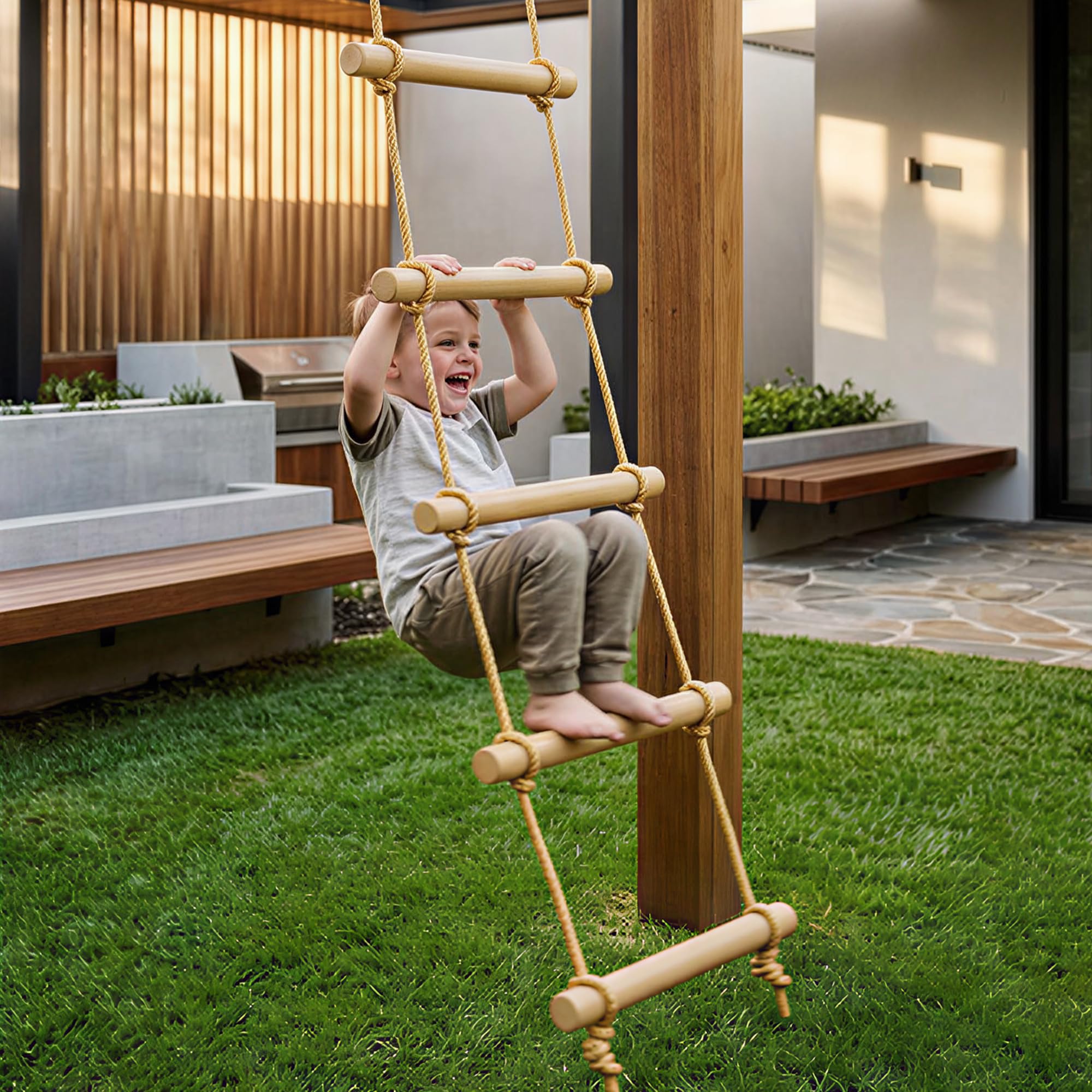 AIYAPLAY Scala di Corda 1.8m, Accessori per Altalene, Corda per Parco Giochi Esterno, Arrampicata a 5 Pioli per Bambini con 2 Moschettoni e 2 Cinghie per Alberi