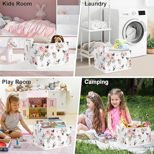 Miniatura 7 de Clastyle Cesta de regalo de niña floral rosa rectangular vacía con rosas y flores, cesta de almacenamiento para ropa de bebé, juguetes para libros,