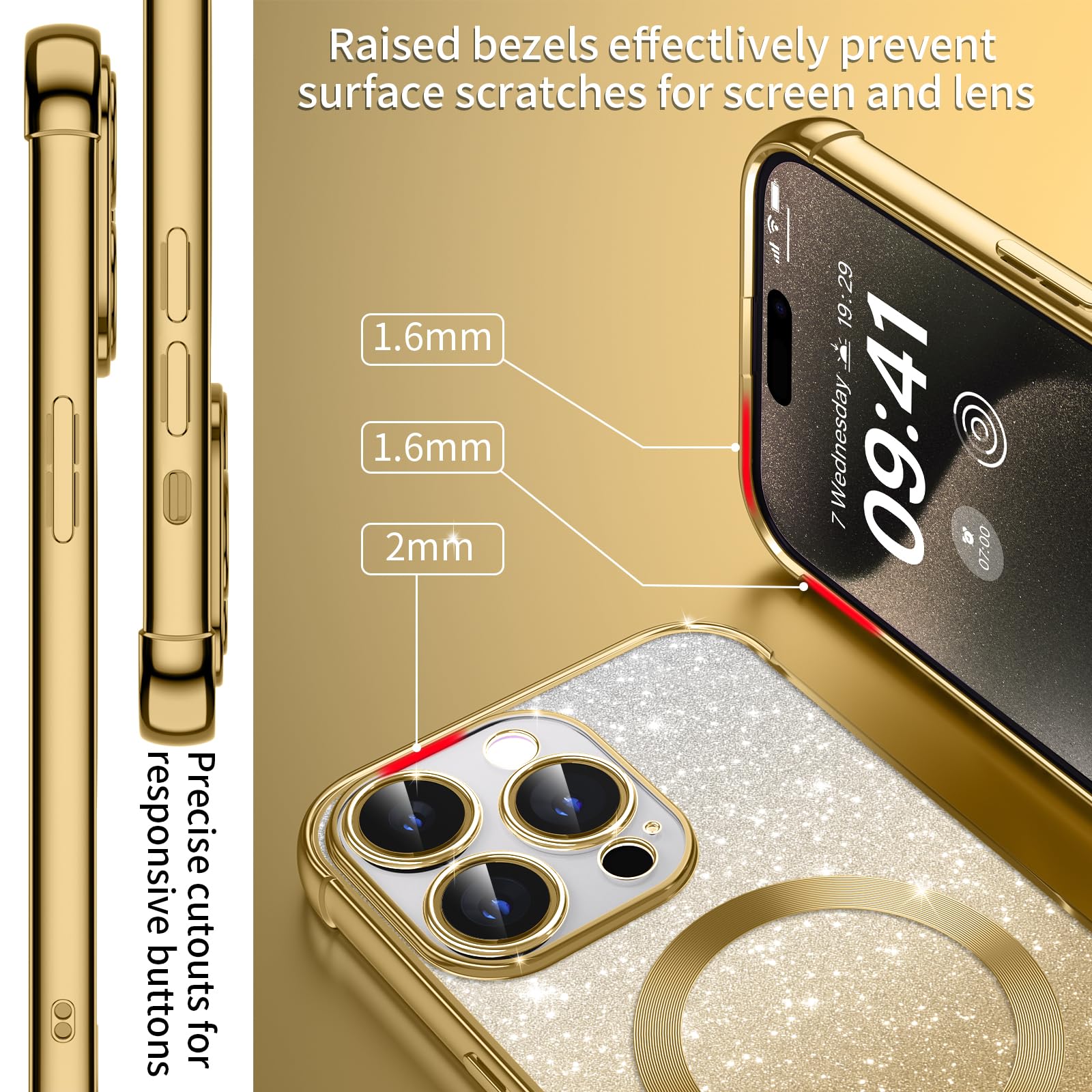 LCHULLE Glitter Cover Compatibile con iPhone 15 Pro Max CustodiaTrasparente Cover con Forma Ondulata con Paillettes & Cristalli Custodia Resistente Silicone Case per iPhone 15 Pro Max, Arancia