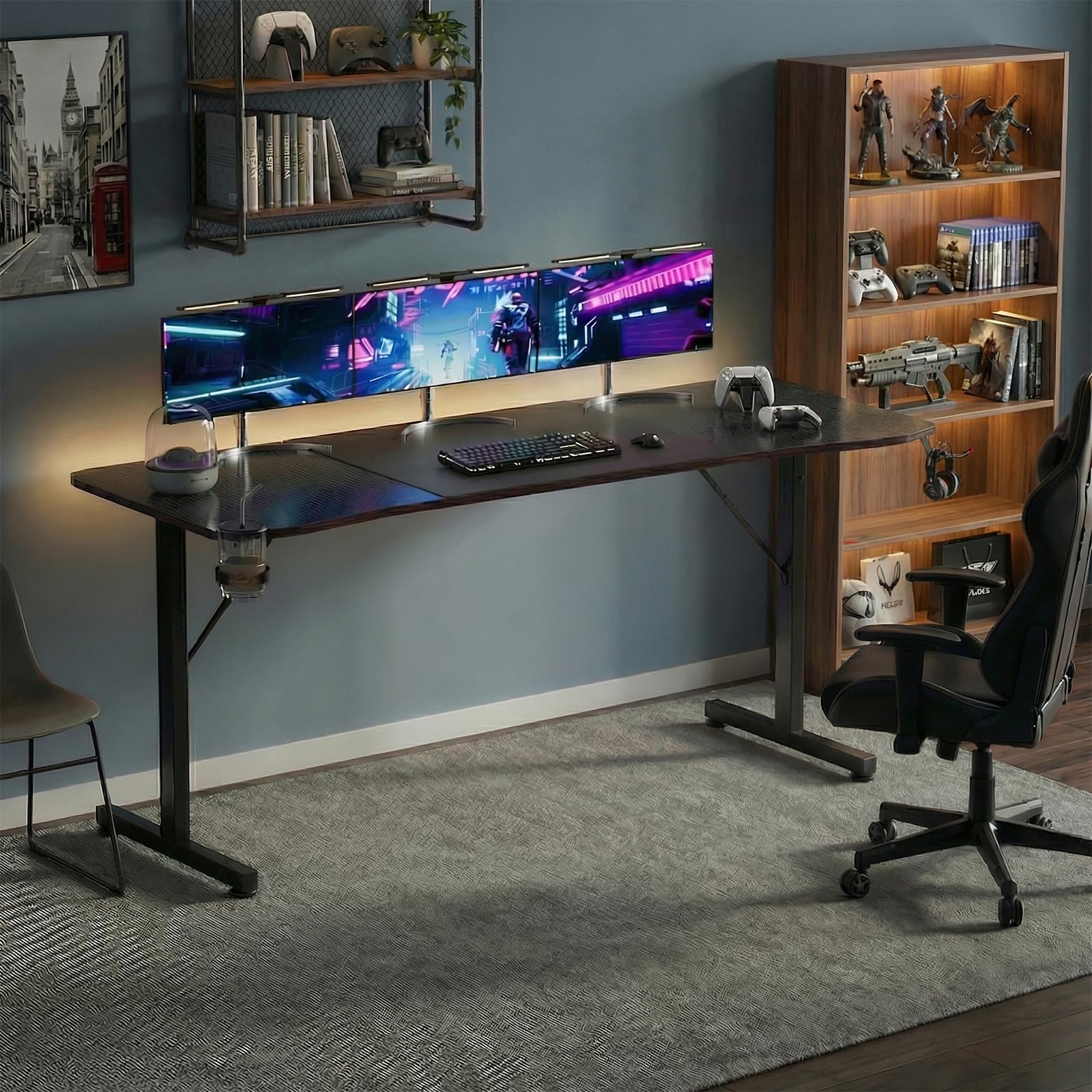 Devoko Scrivania Gaming 180 x 60 cm, Tavolo Gaming Ergonomica, Postazione con Piano del Tavolo in Fibra di Carbonio, Scrivania per Computer con Porta Bicchiere e Ganci per Cuffie, Nero