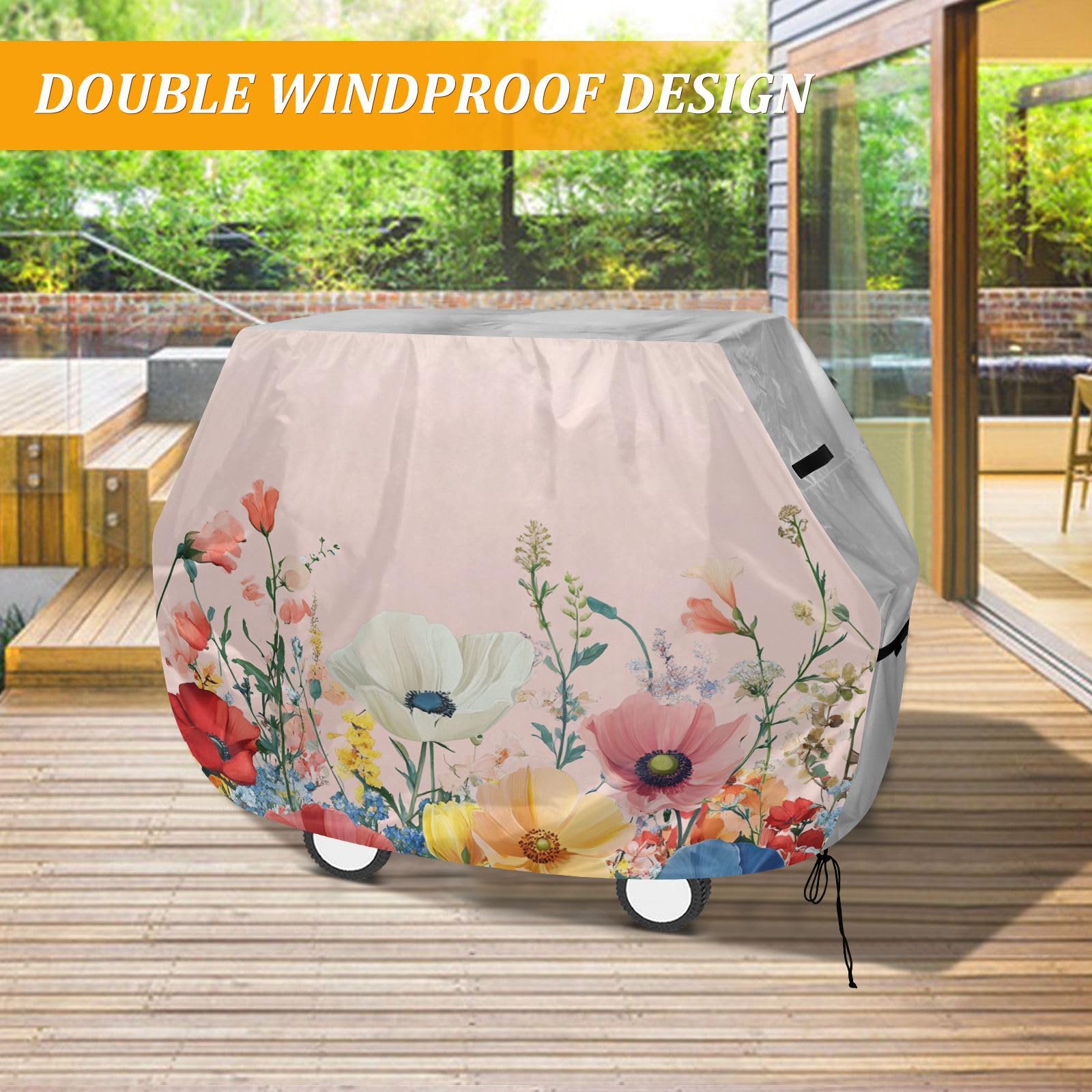 Kwitnące kwiaty kwiatowe chwasty wiosna na zewnątrz patio pokrowiec na grilla 150 cm wodoodporny wytrzymały odporny na rozdarcie odporny na blaknięcie materiał pokrowiec na grilla z regulowanym