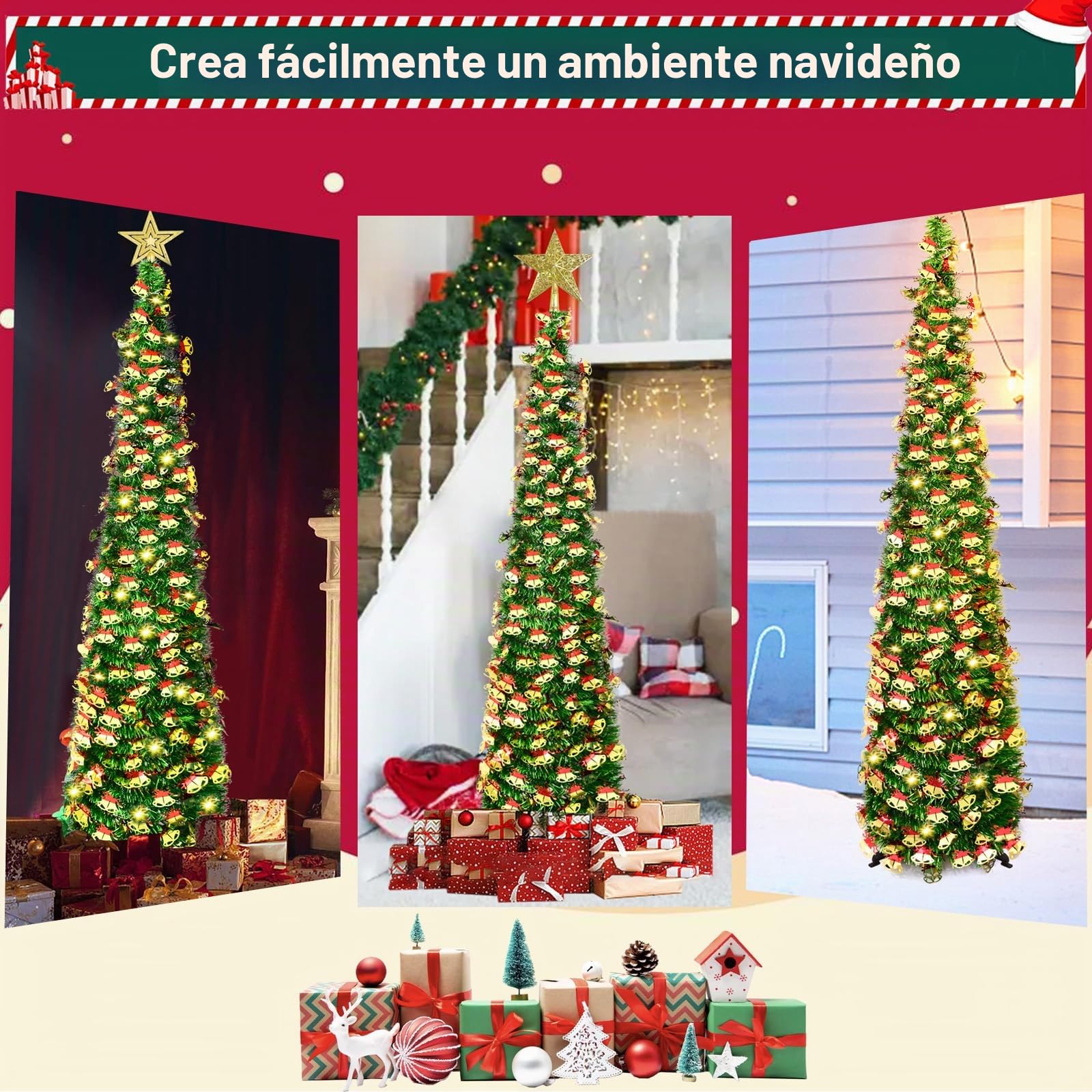 150cm arbol de Navidad Plegable,con strella Superior y 5 m de Luces de Hadas,Montaje rápido, Plegable, Decoraciones navideñas para casa, Chimenea, Oficina, Tienda, Hotel,Lentejuelas de Campana
