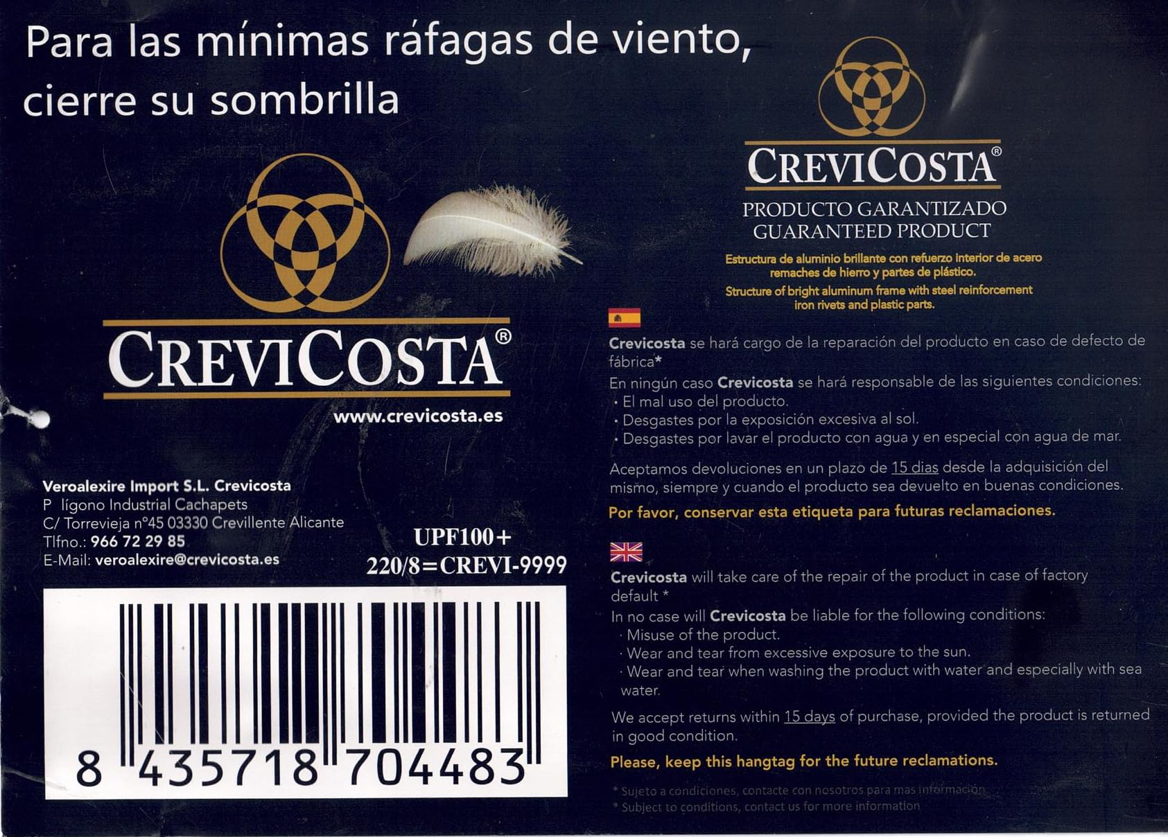CREVICOSTA QUALITY MARK MARCAS DE CALIDAD - Sombrilla 220 cm con Espiral y Poste de Recorrido Total. Protección total contra los Rayos UV. 8 Varillas