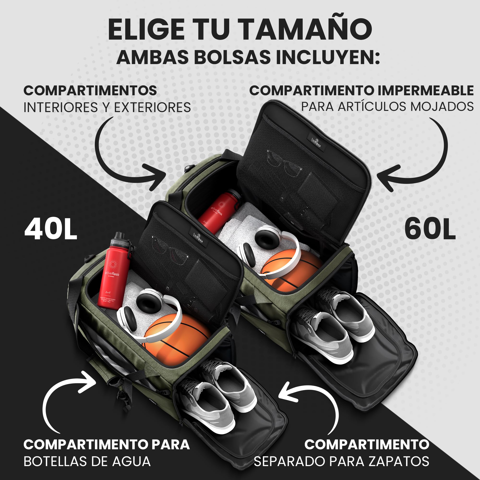 bemaxx Bolsa Deporte Hombre Mujer Bolsas de Viaje Compartimento Zapatos Ropa Mojada 40/60L Mochila 30/50L Fitness Gym Duffle Bag Travel