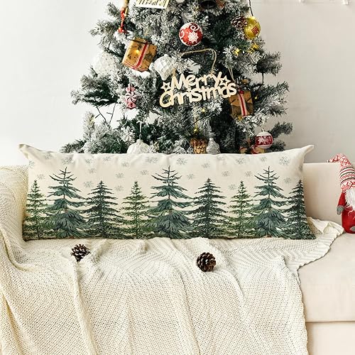 Miniatura 2 de AVOIN colorlife Funda de almohada lumbar extra larga con diseño de árboles de Navidad, copos de nieve, 14 x 36 pulgadas, funda de almohada de cuerpo