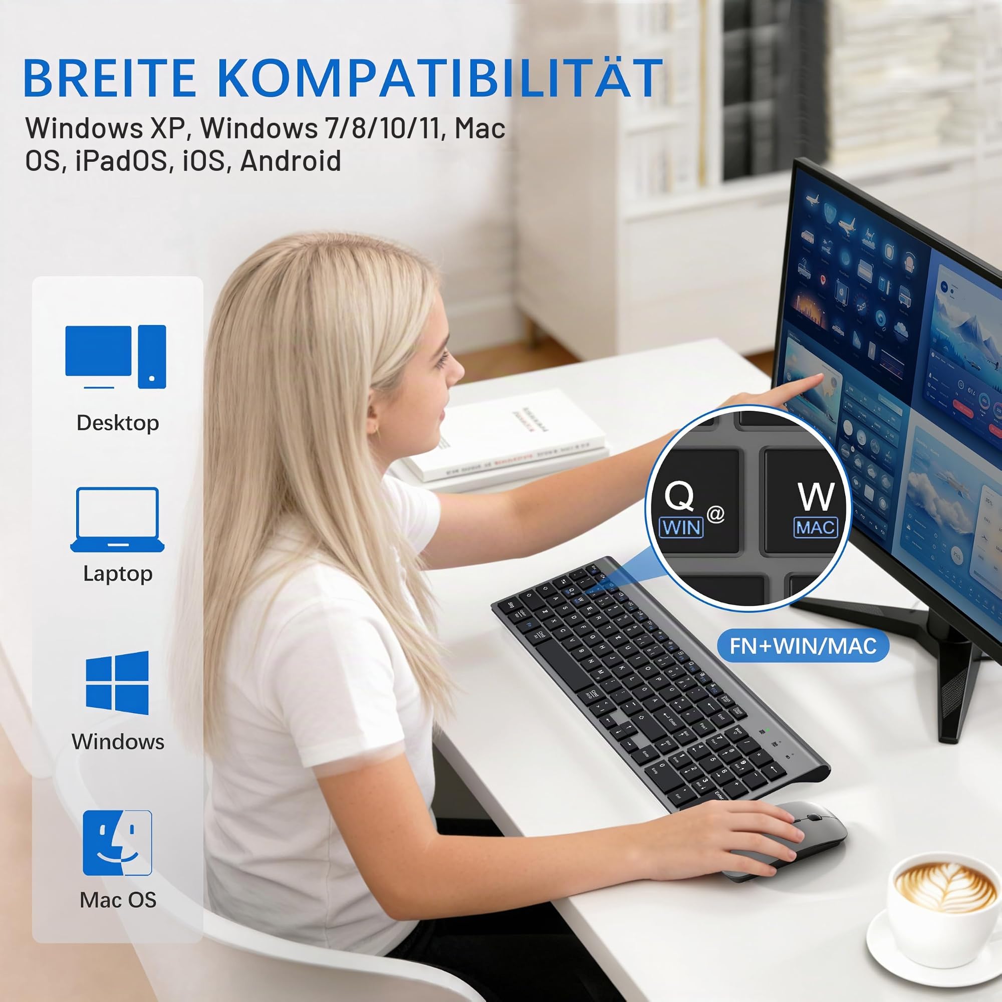Kabelloses Ultradünnes Tastatur Maus Combo mit Dual System - Grau Schwarz