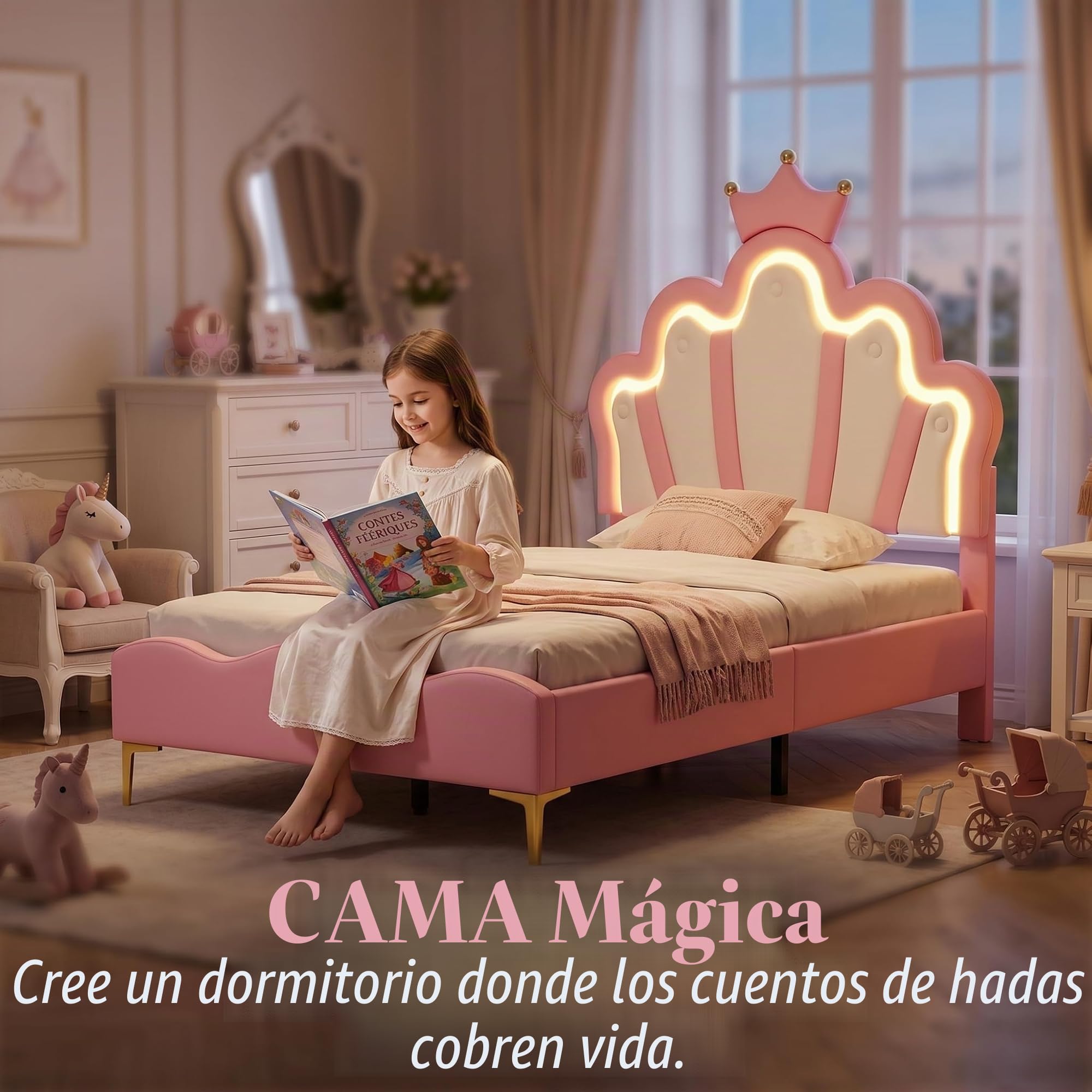 Cama infantil niña 90 x 200 cm, cama princesa con iluminación LED, cabecera de cama ajustable en altura en forma de corona, camas de 1 plaza acolchadas para niña adolescente, somier de láminas, PU