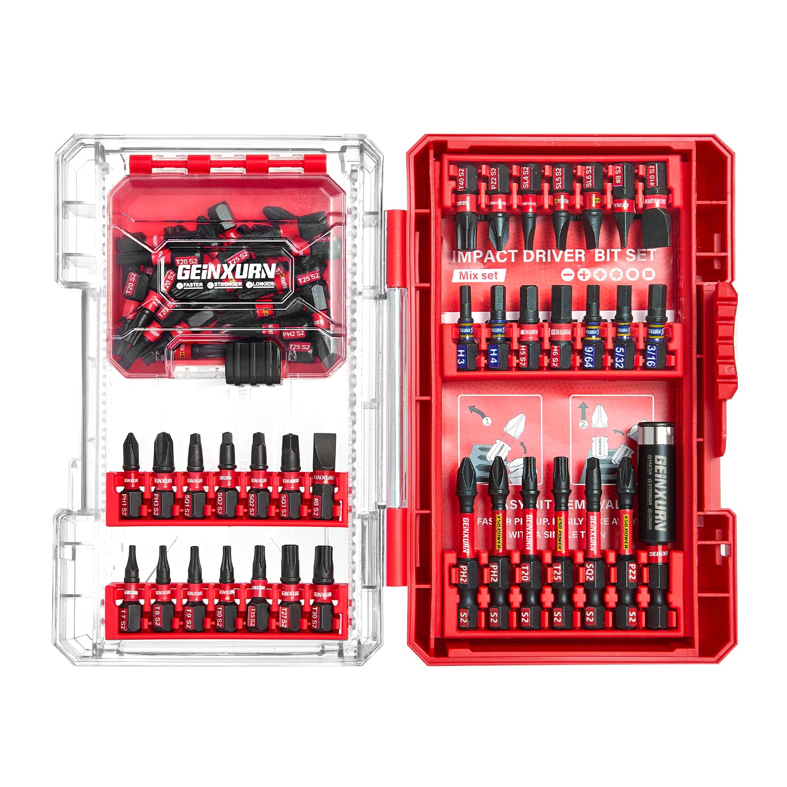 Geinxurn 65Pieces Impact Screwdriver Bits Set, Magnetic S2 Steel Phillips/Slotted/Square/Torx Insert Power Bits Tips, Impact Bit Holder with Red