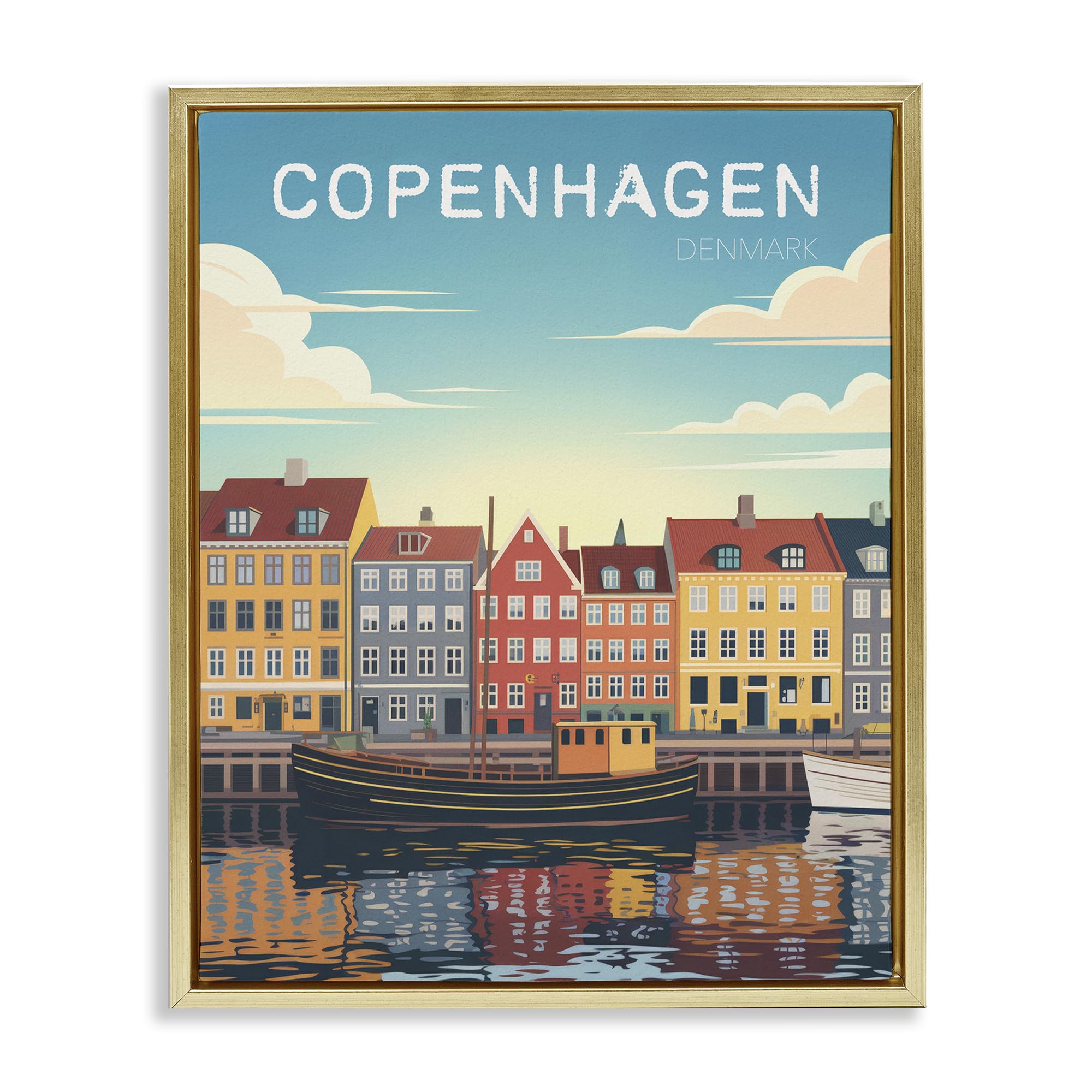Stupell Industries Copenhagen Harbor River Skyline 'Copenhagen Cityscape With River', Floating Frame Canvas Art, Gold, 17 X 21 Inches, Easy To Hang And Sturdy, Made In Usa, By Andreas Magnusson