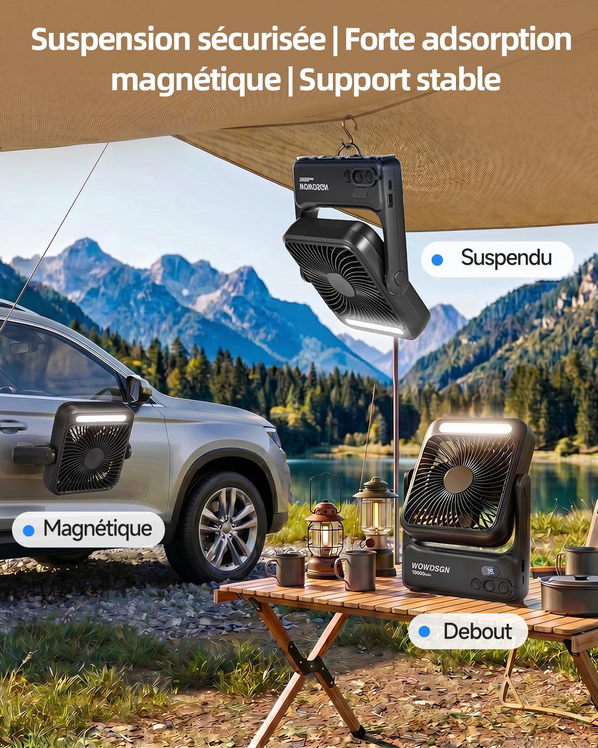 WOWDSGN Ventilateur portable, 10000 mAh Rechargeable Batterie, avec Télécommande, Fixation Magnétique et Suspendue, 4 Vitesses, Timing, Rotation 135°, Pour Camping, Bureau (Noir, Éclairage LED)