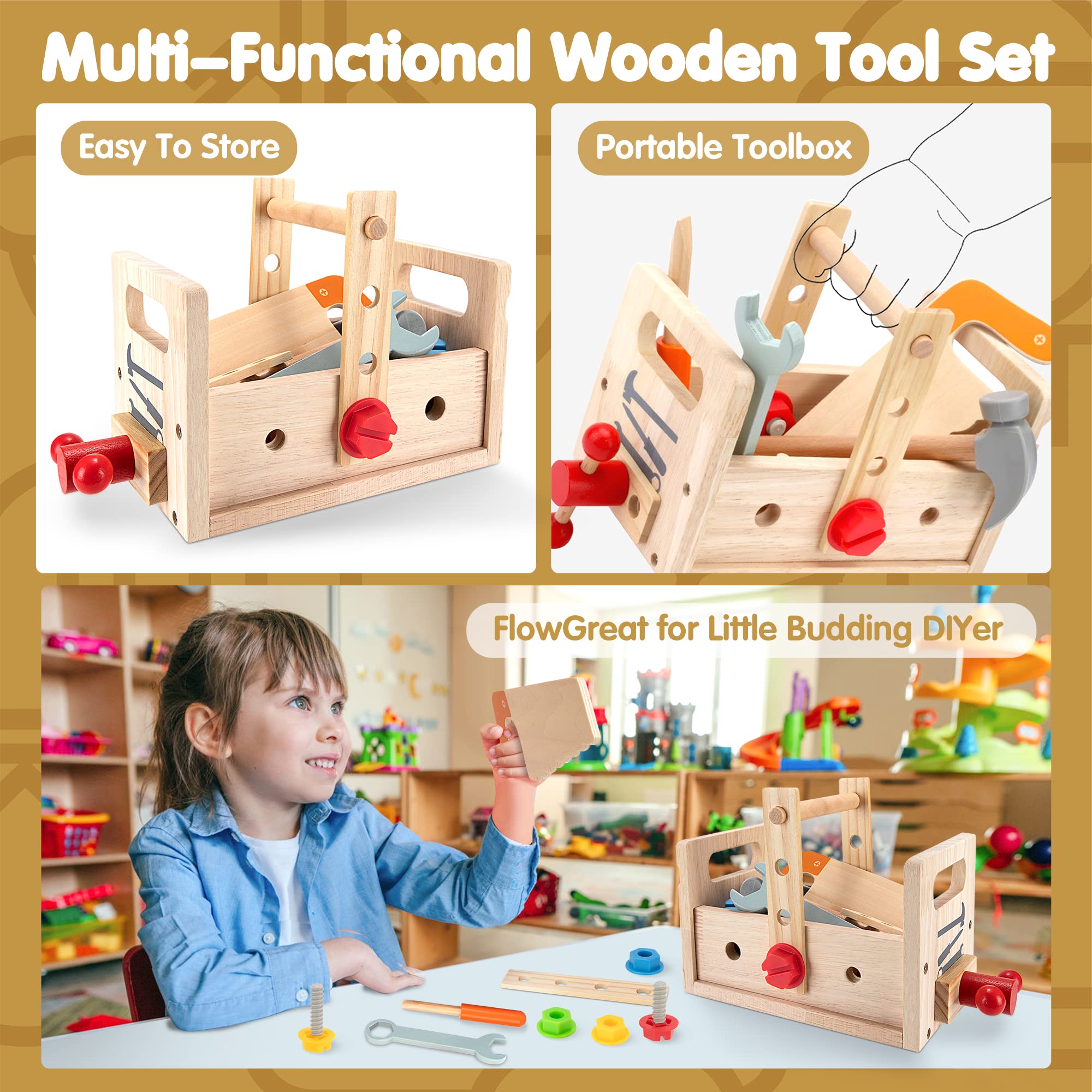 Atelier Menuiserie Enfant Boîte à Outils En Bois Montessori – 51 Pièces Pour Enfant 3-6 Ans, Jeux De Construction éducatifs