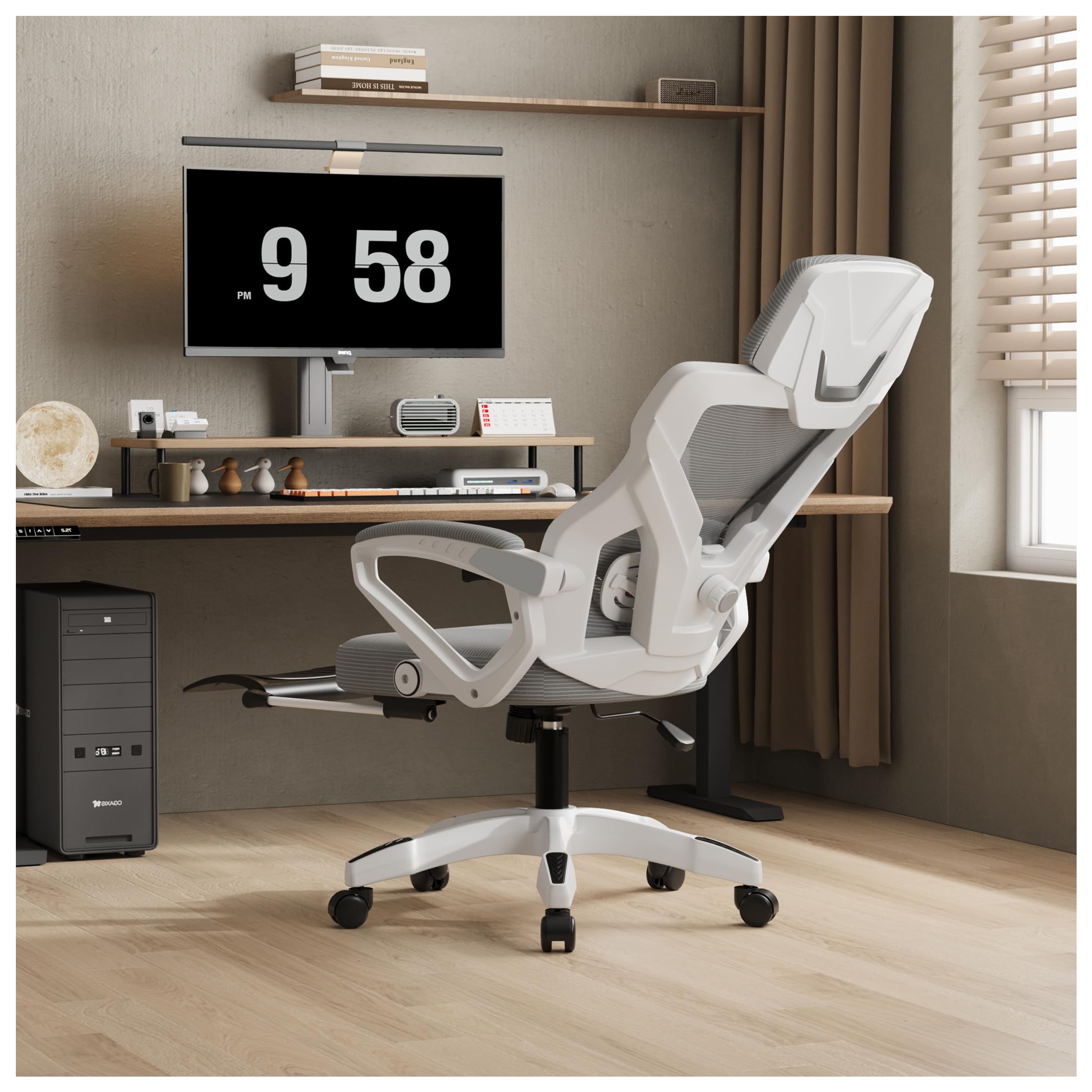 Ergonomic Office Chair with Adaptive Lumbar Support, 3D Headrest, Adjustable Backrest, Linkage Armrest, Reclining Footrest, Height Adjustable Gaming Chairs, Rocking Home Office Desk Chairs