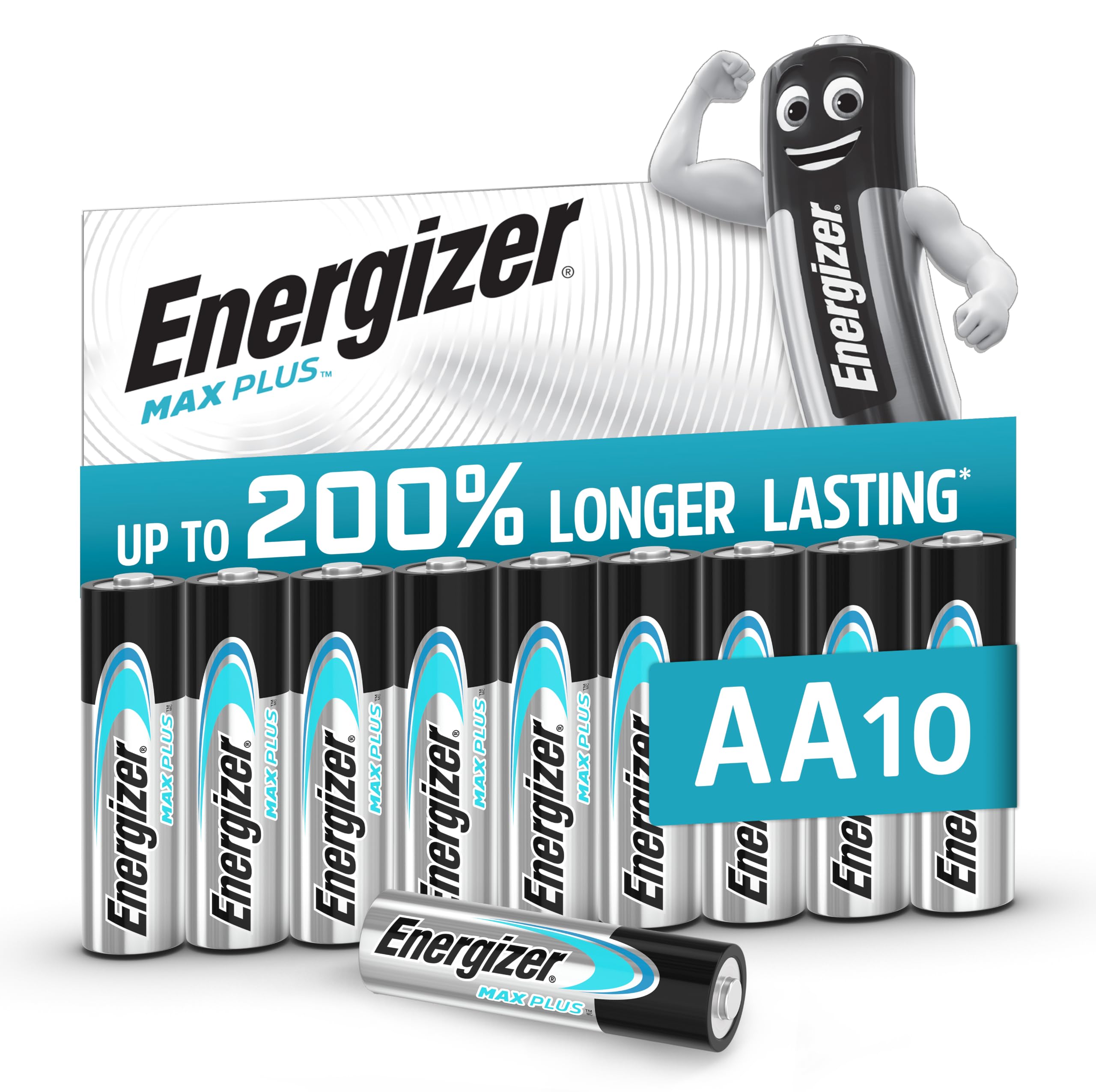 Energizer Max Plus AA Batteries (10 Pack) 200% Longer Lasting | Double A Performance Alkaline Battery 1.5V - For High Drain Devices - 0 Plastic Packaging - 15 Year Shelf Life