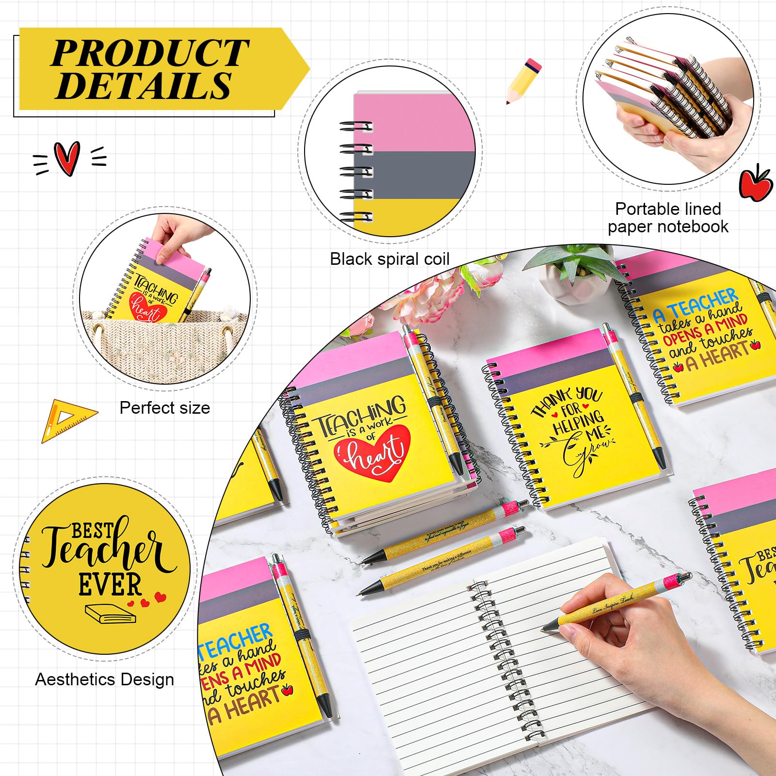Resurhang 20 Sets Lehrer-Wertschätzungsgeschenk, Bulk-Bleistift-Design, Spiralnotizbuch mit Glitzer-Lehrer-Kugelschreiber, Dankeschön-Geschenk für Lehrer, Mitarbeiter, Bürobedarf, 10 Stile