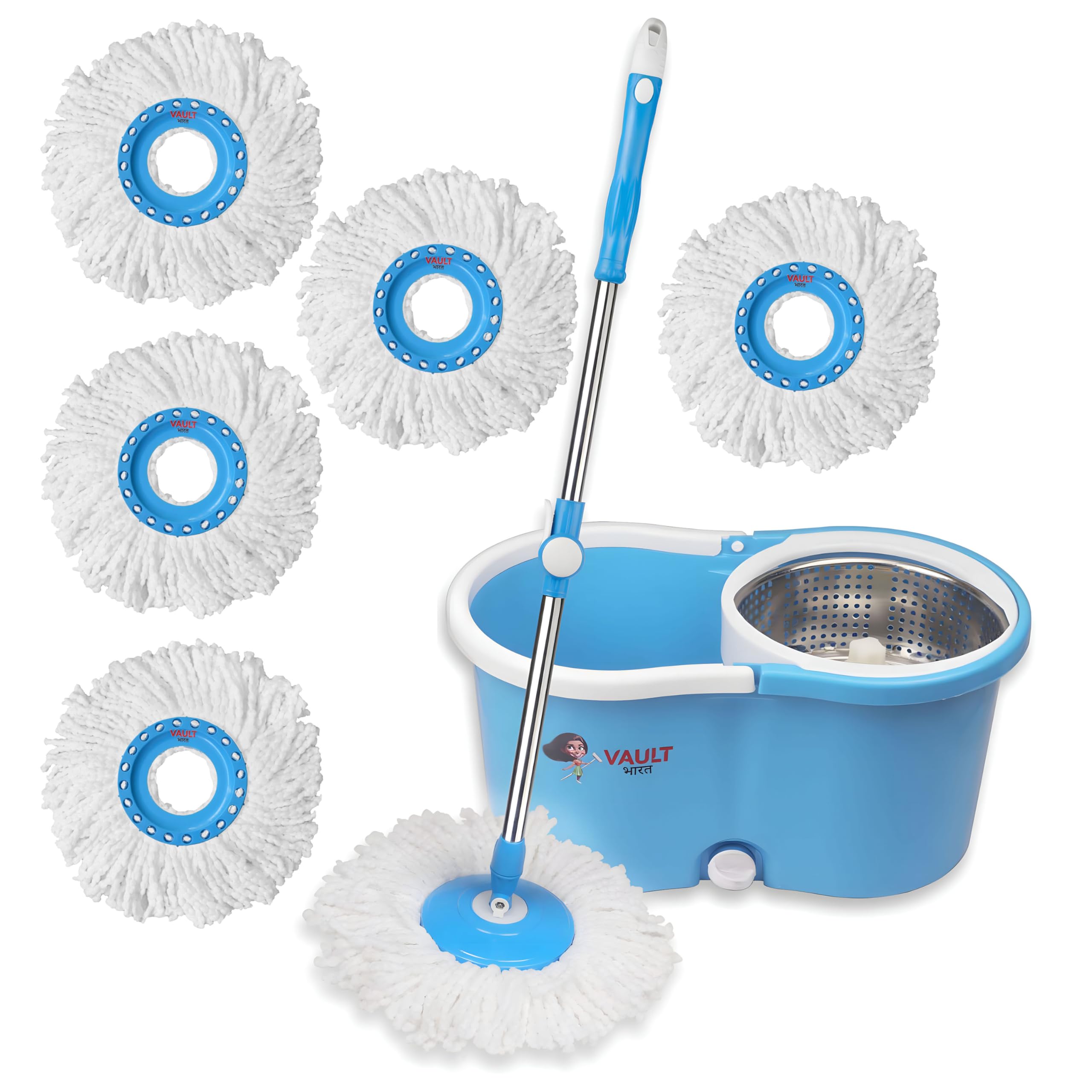 Vault Bharat Premium Heavy Quality Mop Bucket for Floor Cleaner| 360° Spin Blue Bucket Mop Set with 5 Microfiber Refill, Model: V56+5 (Warranty:1 Year) (B0CZ9H7DML) Amazon Price History, Amazon Price Tracker