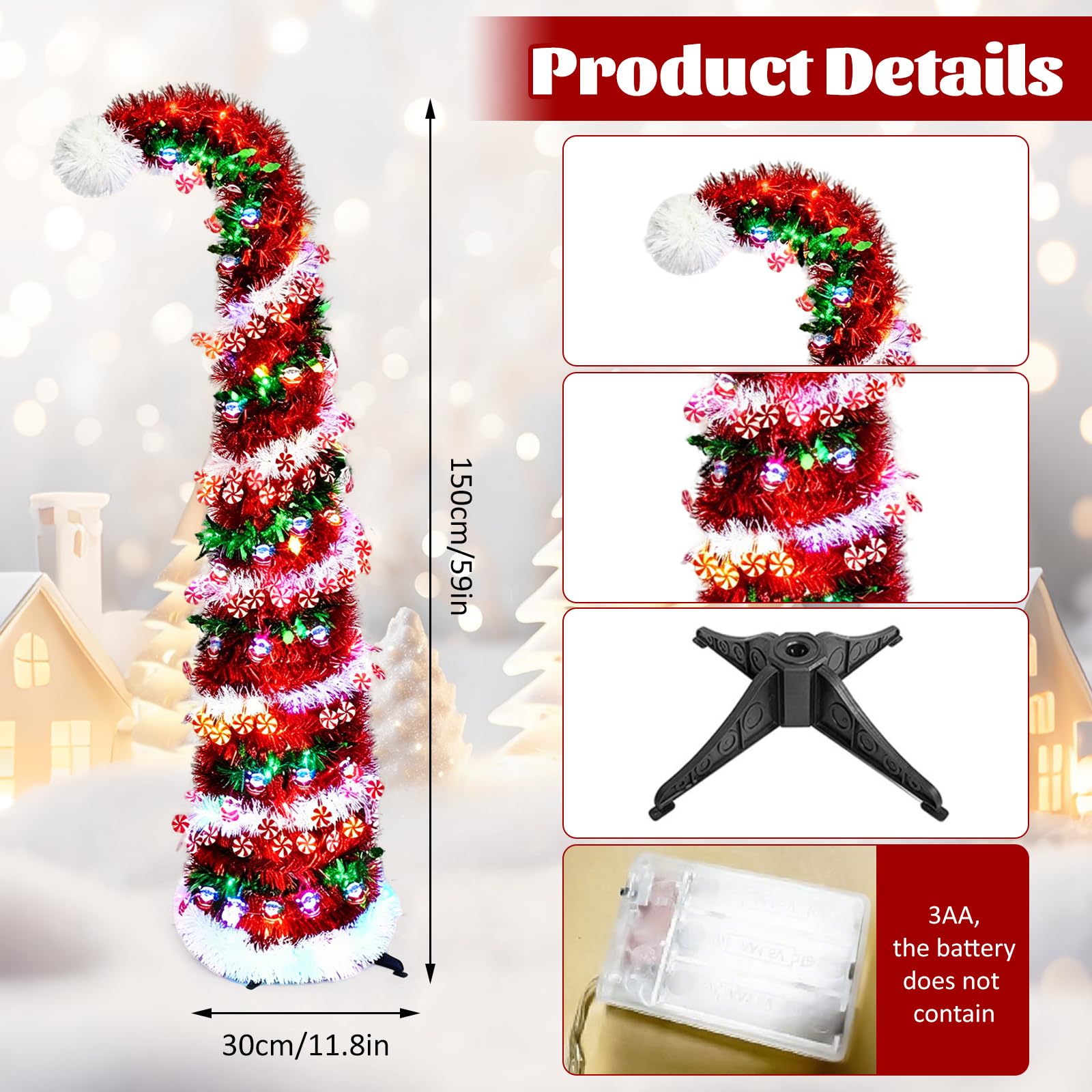 Faltbarer Künstlicher Weihnachtsbaum 150cm mit Beleuchtung, Pop Up Schmal Weihnachtsbaum mit 50 LED und Sternspitze, PVC Lametta Bleistift Tannenbaum Weihnachtsdekoration (Rot 2)