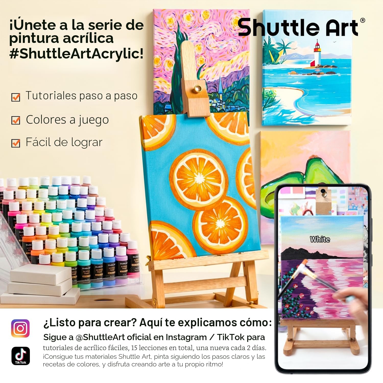 Shuttle Art 62PCS Pintura Acrílica, 50 Colores Acrílico (60 ml) con 12 Pinceles, Ricamente Pigmentado, Pintura para Tela Lienzo Piedra Madera, Acrilicos para Pintar para Artistas, Principiantes