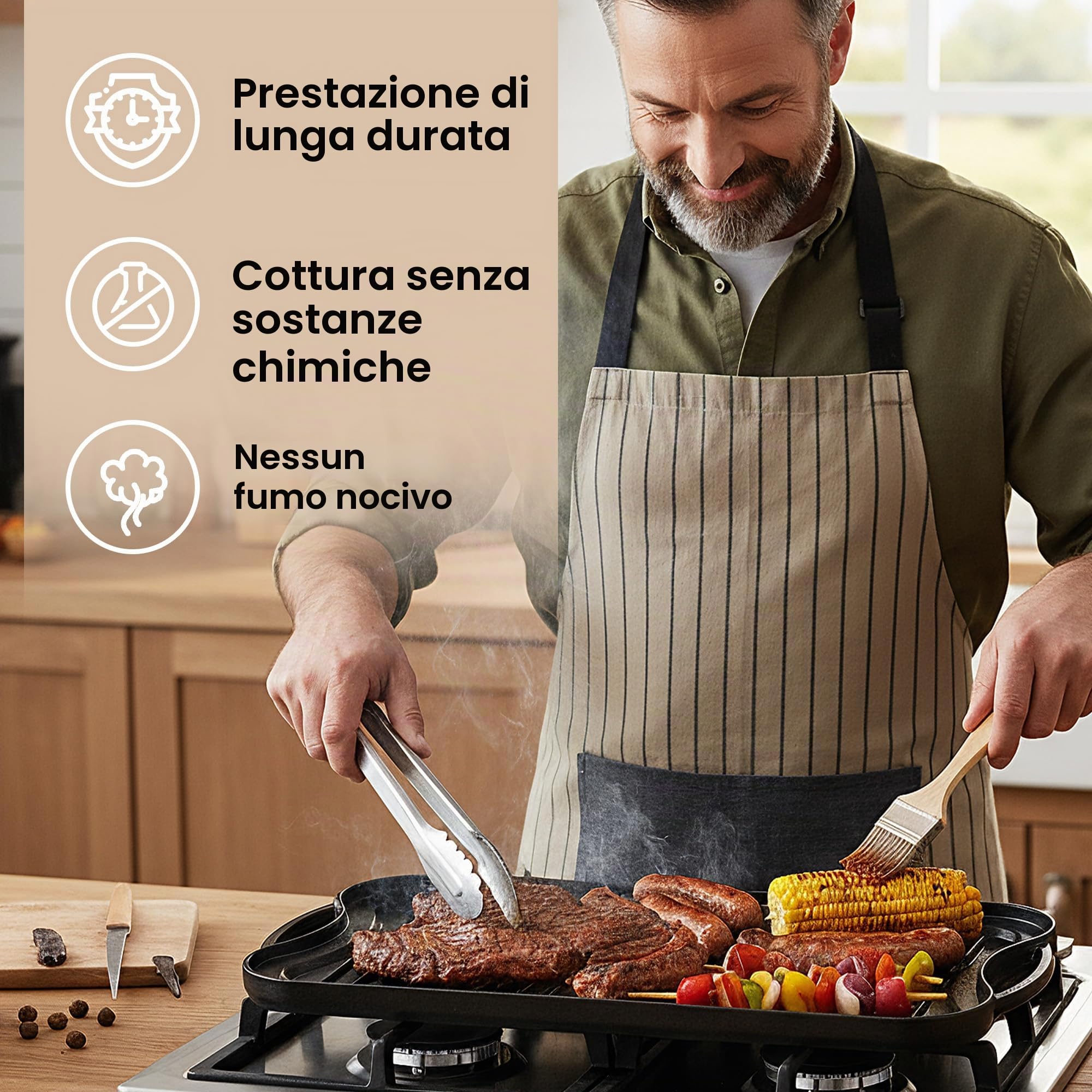 Piastra in ghisa per piano cottura a gas e grigliate su due lati, pre-stagionata, per una cucina sana e deliziosa, superficie piatta e scanalata, 50 x 25 cm