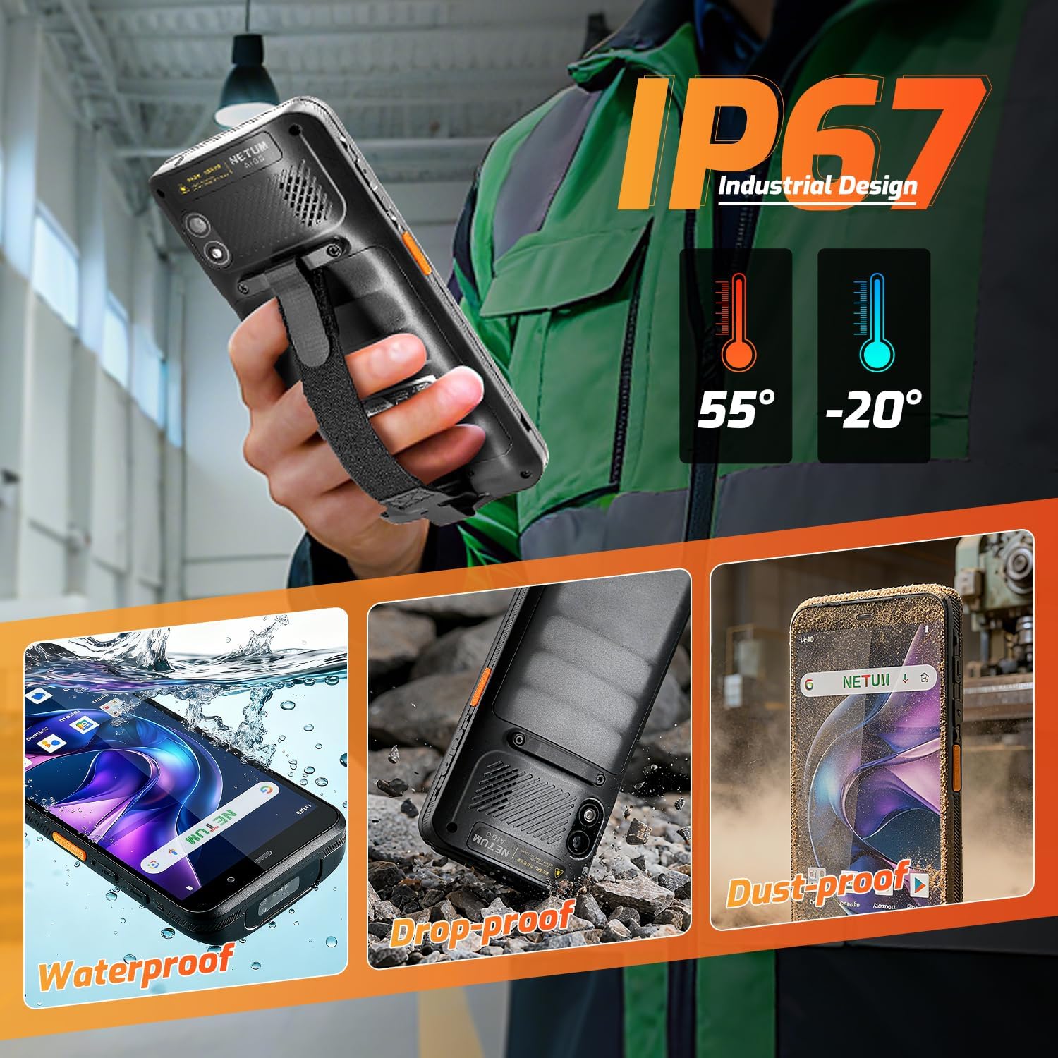 NETUM Q900 demonstrating IP67 waterproof, drop-proof, and dust-proof features