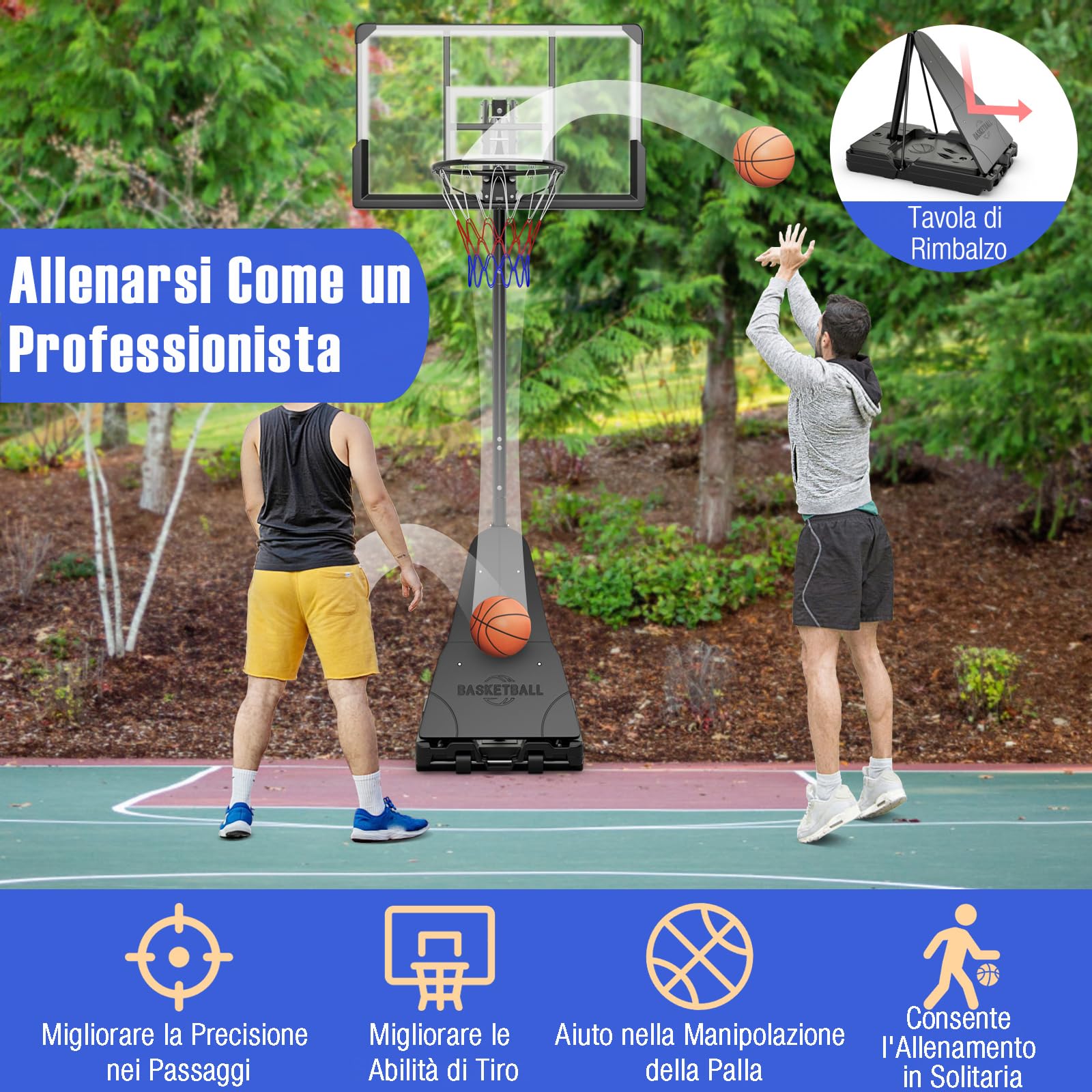 GYMAX Sistema di Canestro da Basket da Interno ed Esterno, Canestro Basket con Tabellone in PC Antirottura Infrangibile 112 Cm, Base Riempibile e Ruote, Canestro Regolabile in Altezza da 1,5-3,05 m