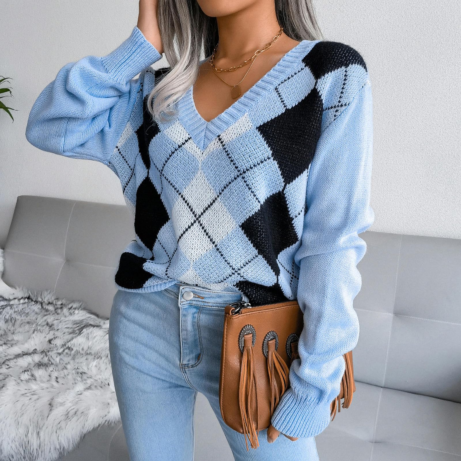 Maglione Donna Maglioni Autunnali da Donna A Maniche Lunghe Tops A Maglia per Maglioni A Maglia Casual Oversize-Cachi-s