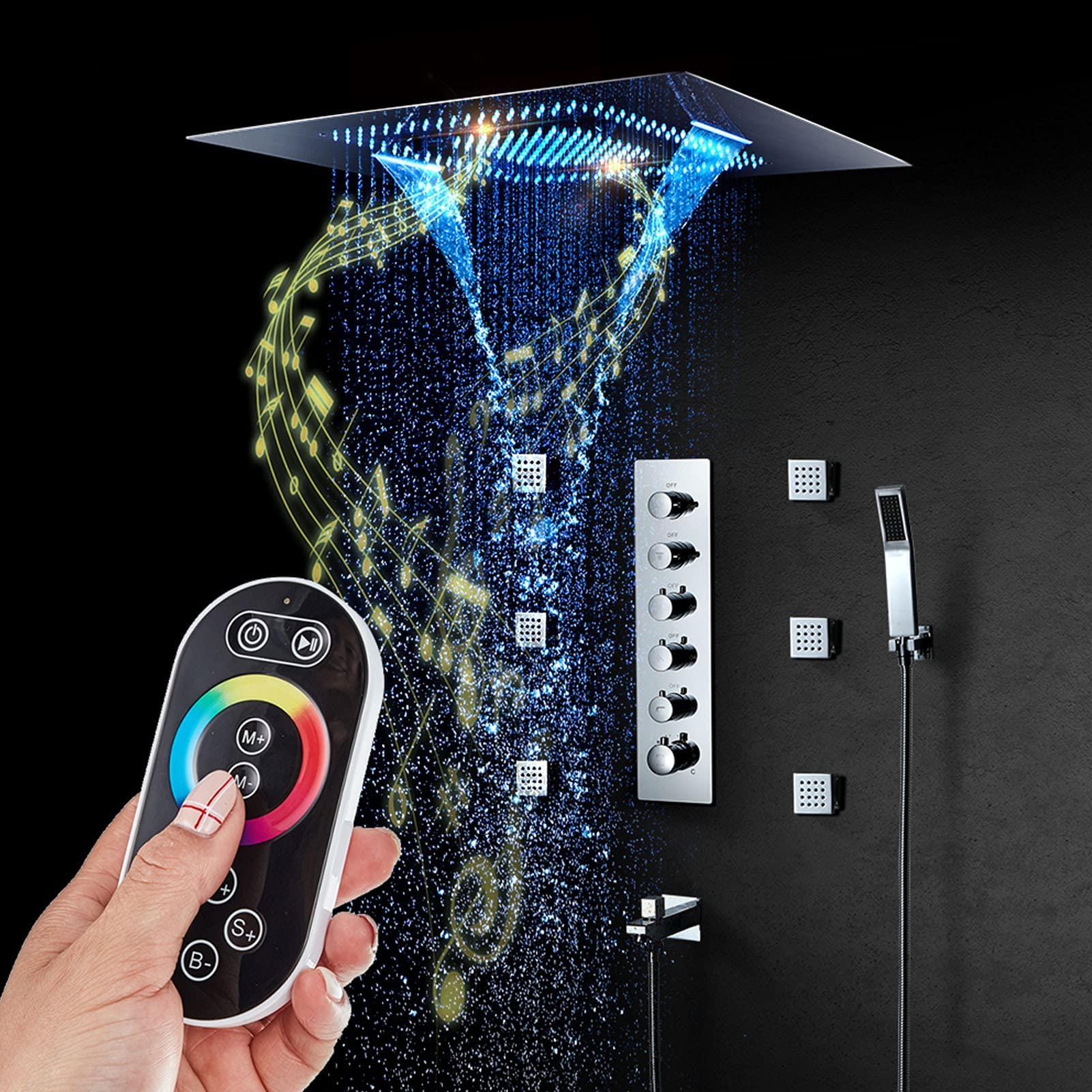Music - Sistemas de ducha LED, cabezal de ducha LED de 60 x 80 cm, neblinoso, cascada, lluvia, grifos de ducha termostáticos de 4 funciones con chorro de cuerpo de ducha, control remoto (control