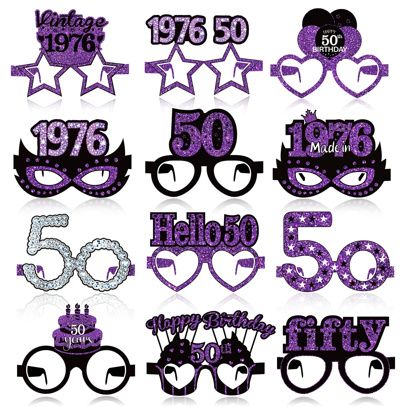 24PCS Purple 50th Birthday Decorations for Women Purple Black Happy 50th Birthday Paper Eyeglasses 1976 Birthday Party Paper Glasses Supplies Fifty