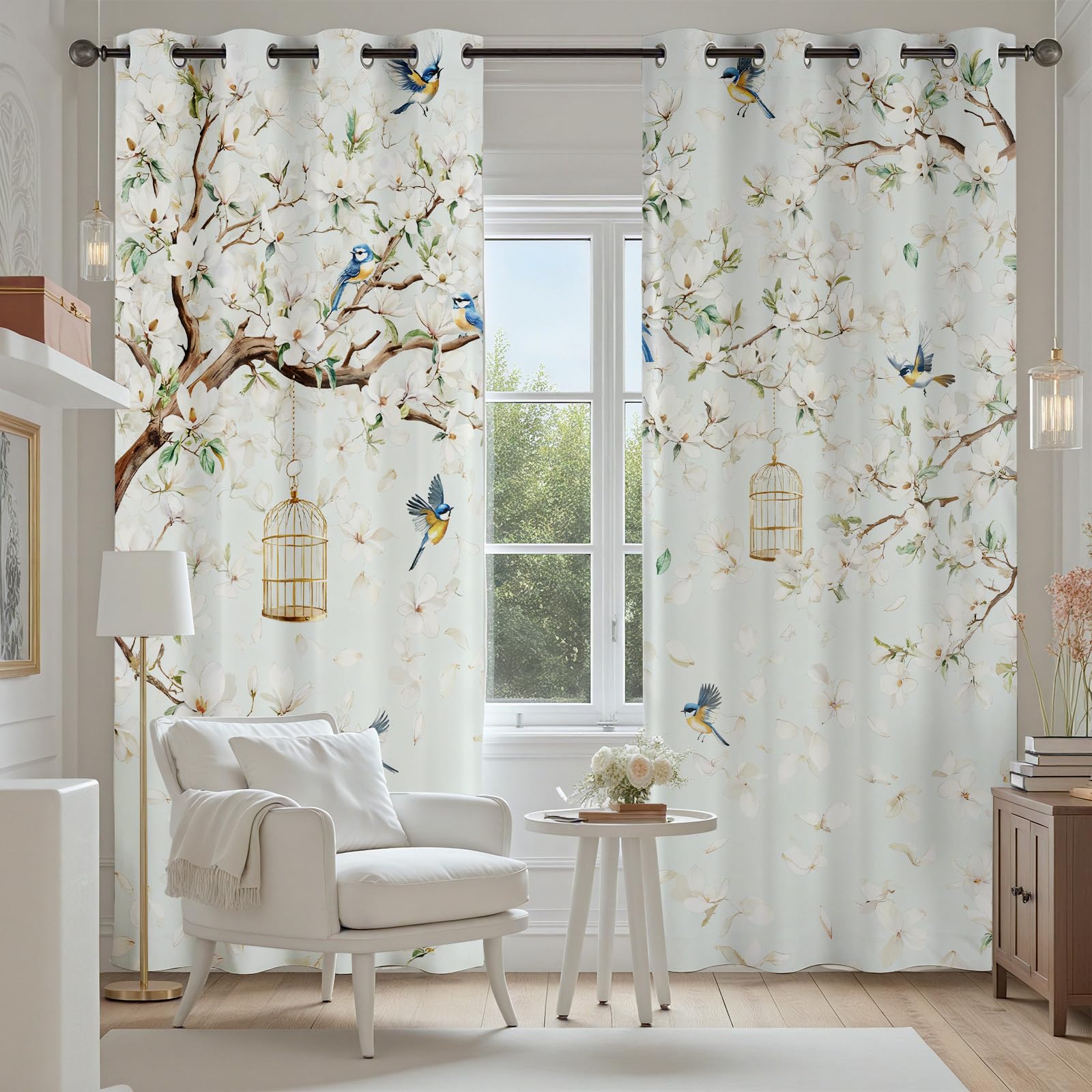 Blumen Vogel Vorhange Blickdicht 2er Set, Magnolie Floral Baum