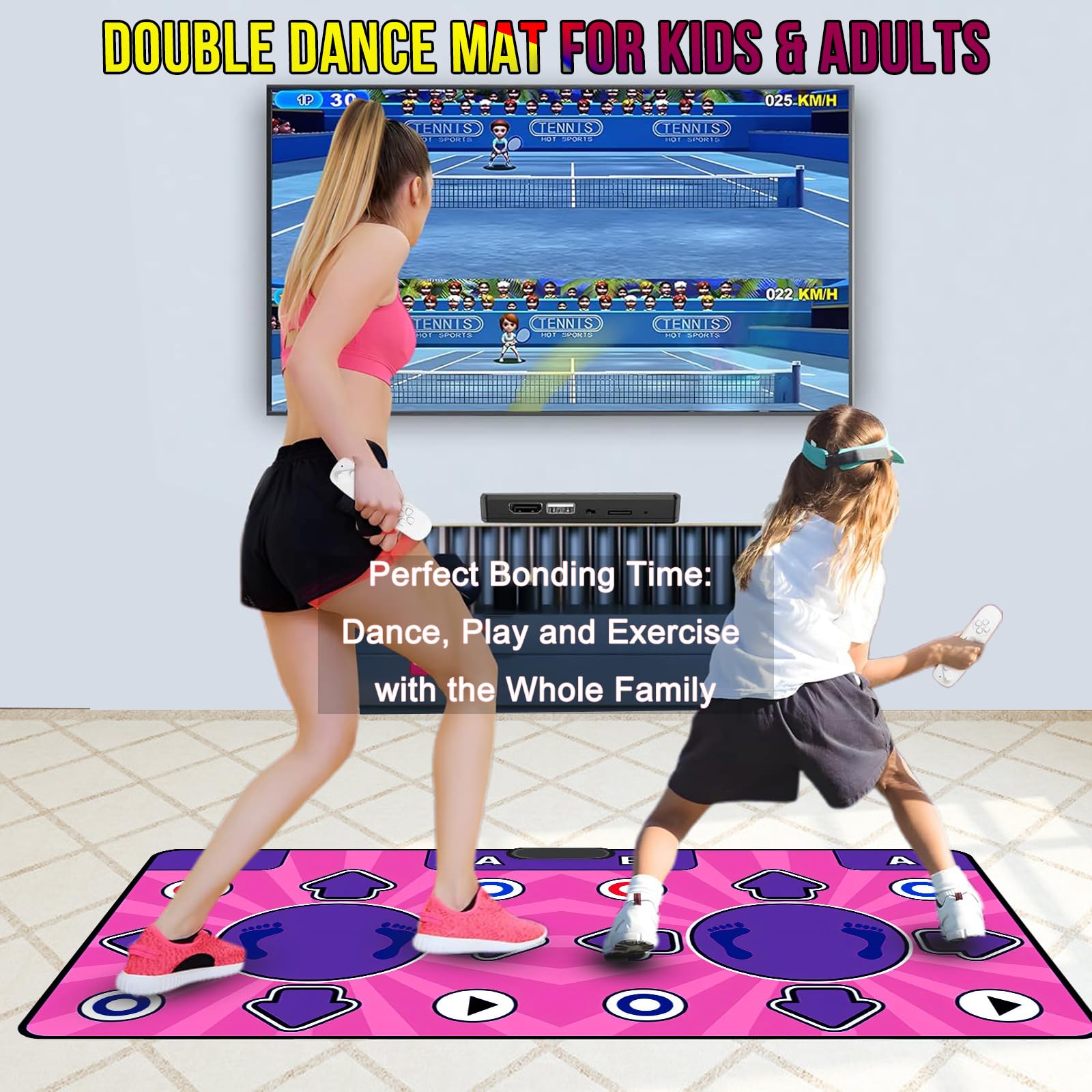 Doppel Tanzmatte mit HDMI-Anschluss, Tanzmatte Kinder mit Musik-Upload & Automatischer Schrittgenerierung, Multifunktions Dance Pad mit 2 Controllern für Heimfitness und Familienspaß