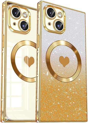 Funda magnética cuadrada para iPhone 15 Plus 2 en 1 compatible con MagSafe, protección completa de la lente, bonito patrón de corazón y cubierta