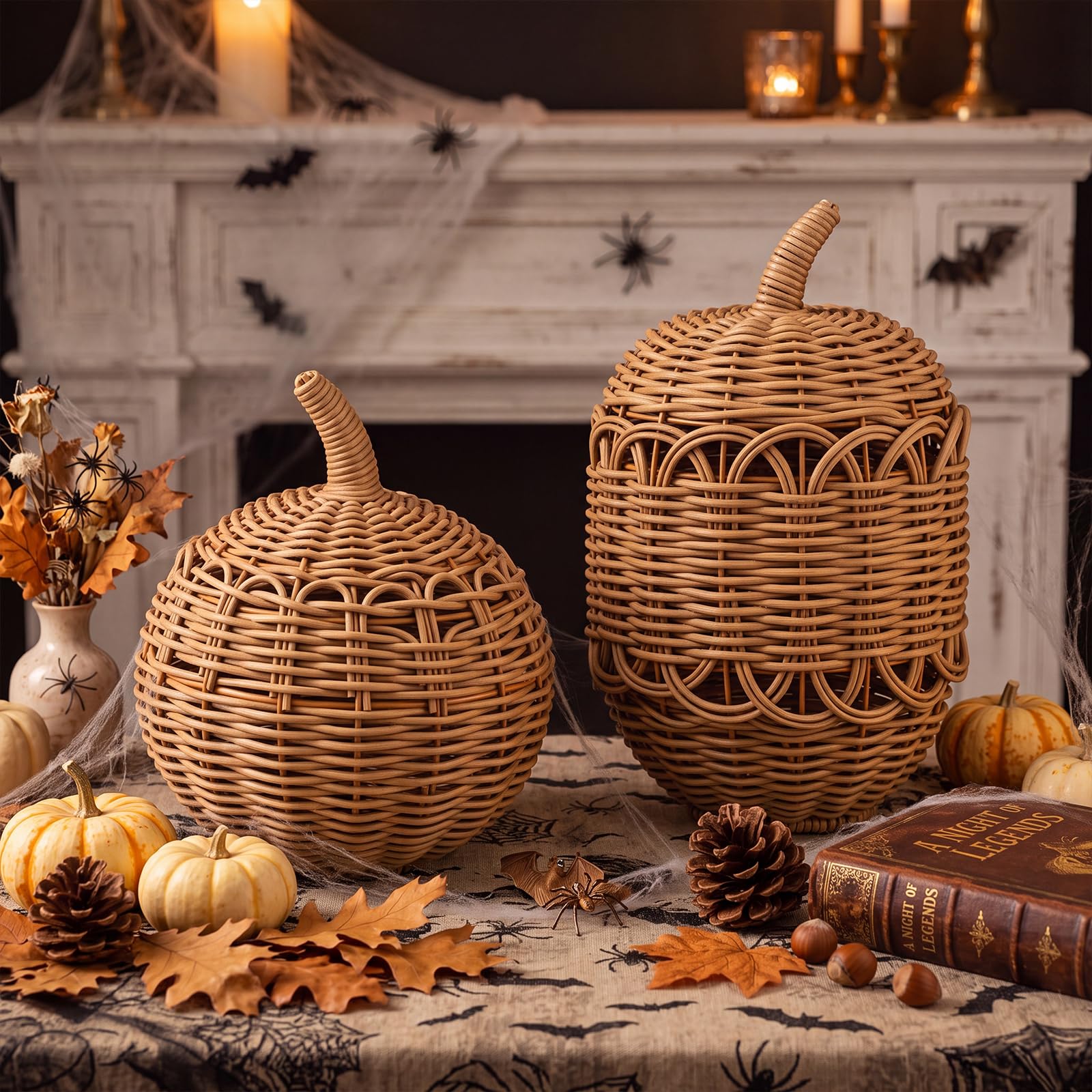 2 Pack Rattan Pumpkin Decor, Thanksgiving Wicker Pumpkin Table Centerpiece