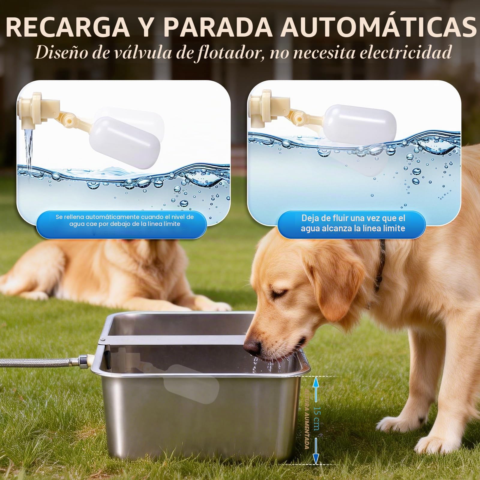 Dispensador Automático de Agua para Perros de 25L con Válvula Flotante, Bebedero para canino al Aire Libre para Dos chucho, Cuenco de Agua para Perros de Gravedad de Acero Inoxidable (Autocompletar)