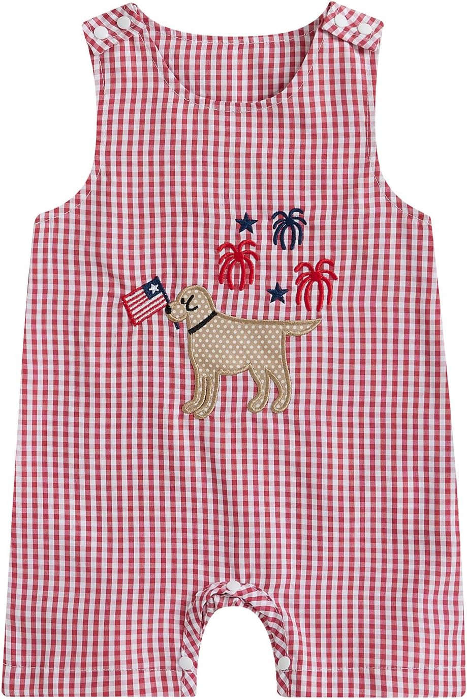 4th of July Baby Boy Outfit Flag Dog Embroidery Romper Plaid Sleeveless Jumpsuit One Piece Memorial Day Clothes