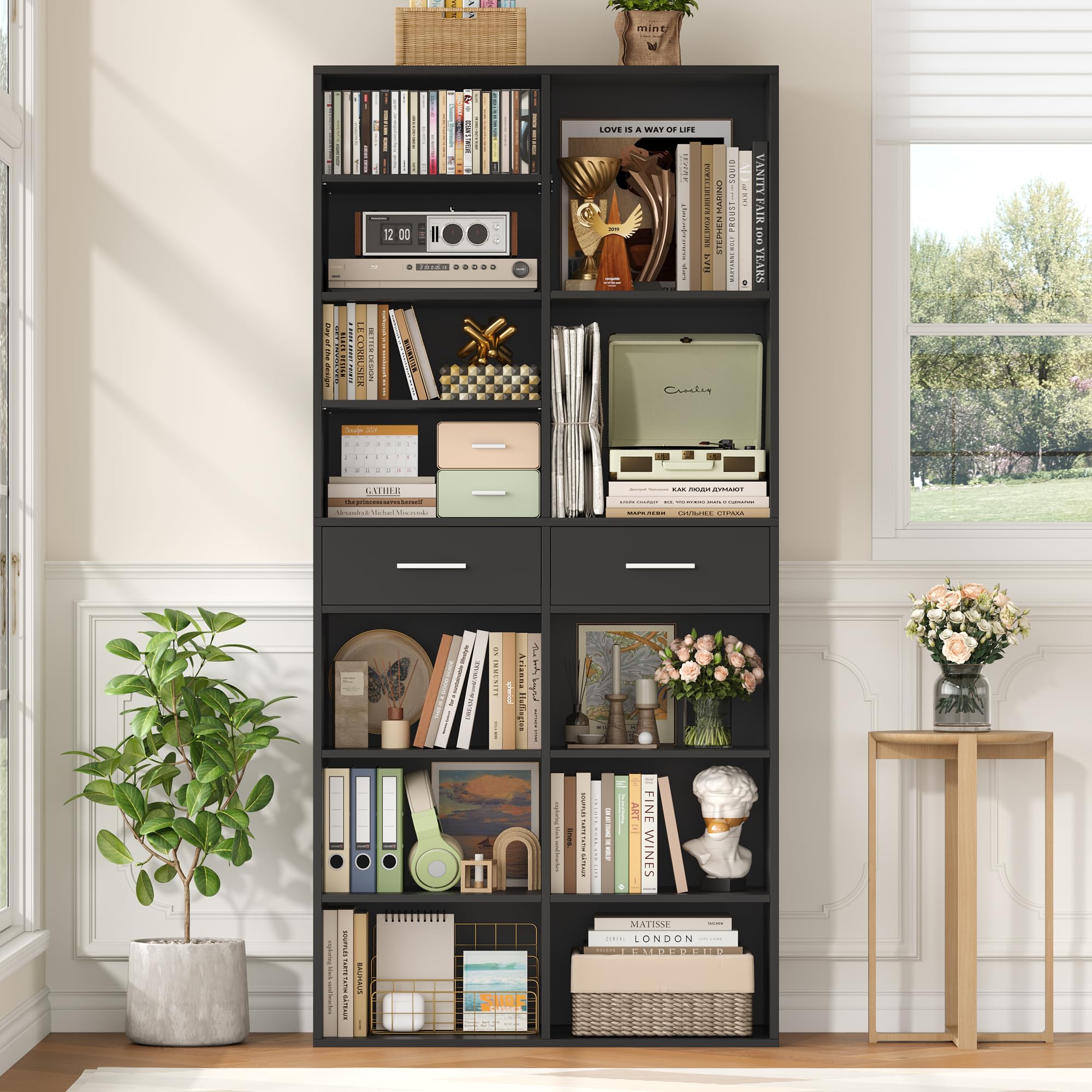 HOCSOK Estantería de 185,5 cm de alto con 2 cajones, estantería de 8 niveles, estantería de almacenamiento abierta para estudio, oficina, salón, dormitorio, color negro